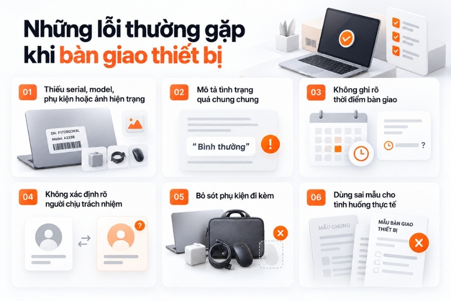 Infographic chỉ ra 6 lỗi thường gặp khi bàn giao thiết bị trong quản lý tài sản doanh nghiệp từ 1Office.