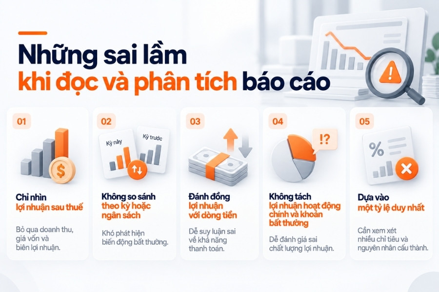 Infographic sơ đồ 5 sai lầm phổ biến khi đọc và phân tích báo cáo kết quả kinh doanh từ 1Office.
