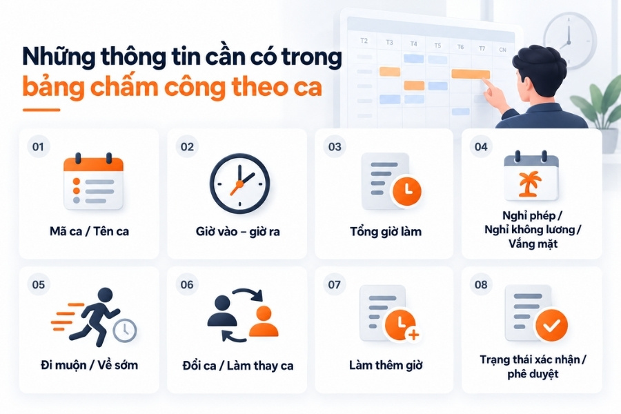 Infographic sơ đồ 8 trường thông tin cần có trong bảng chấm công theo ca từ 1Office.