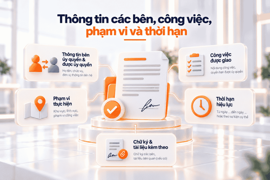 Các thông tin quan trọng cần thể hiện trong giấy ủy quyền, từ chủ thể đến phạm vi và thời hạn.