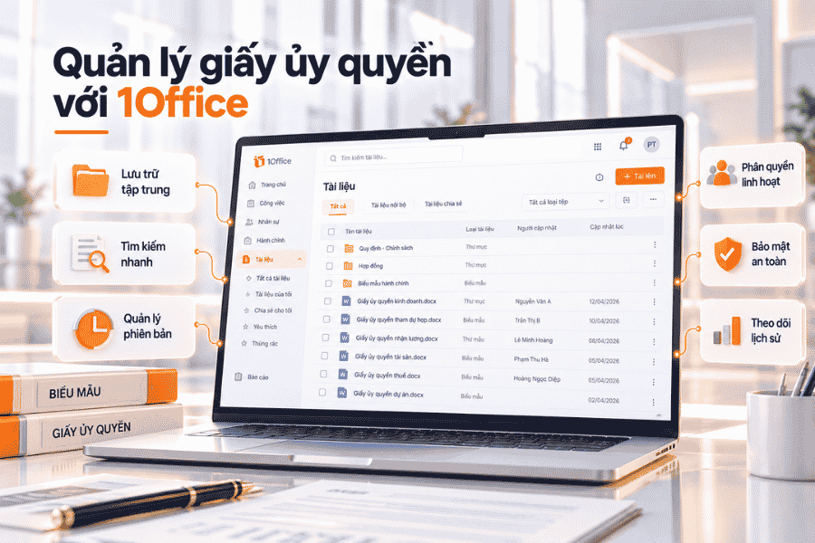 Giao diện quản lý tài liệu thực tế của 1Office, hỗ trợ minh họa việc lưu trữ và tra cứu hồ sơ doanh nghiệp.