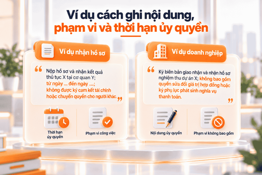 Ví dụ mô tả những công việc được phép thực hiện và các giới hạn khi ủy quyền.