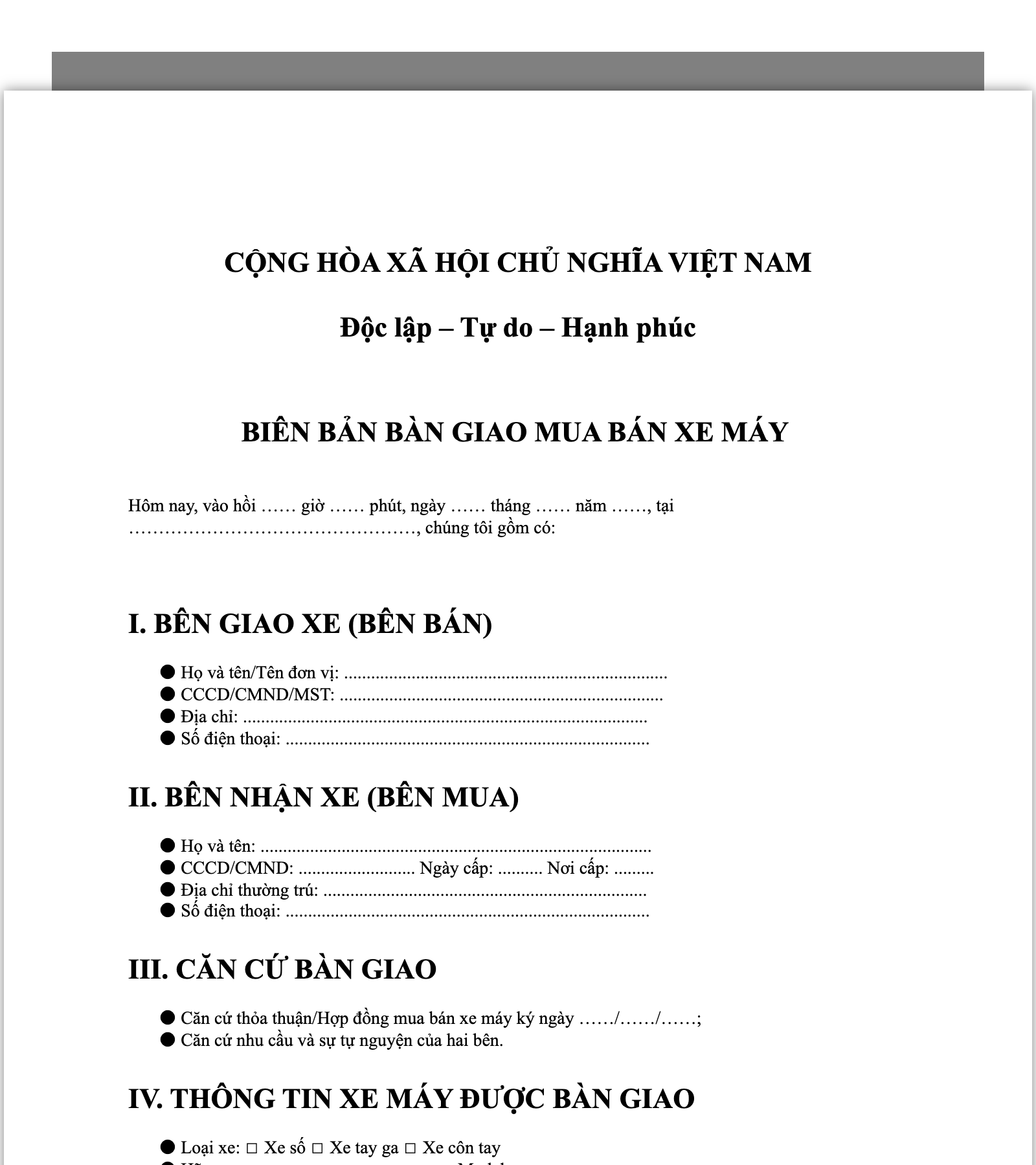 Biên bản bàn giao xe máy mua bán