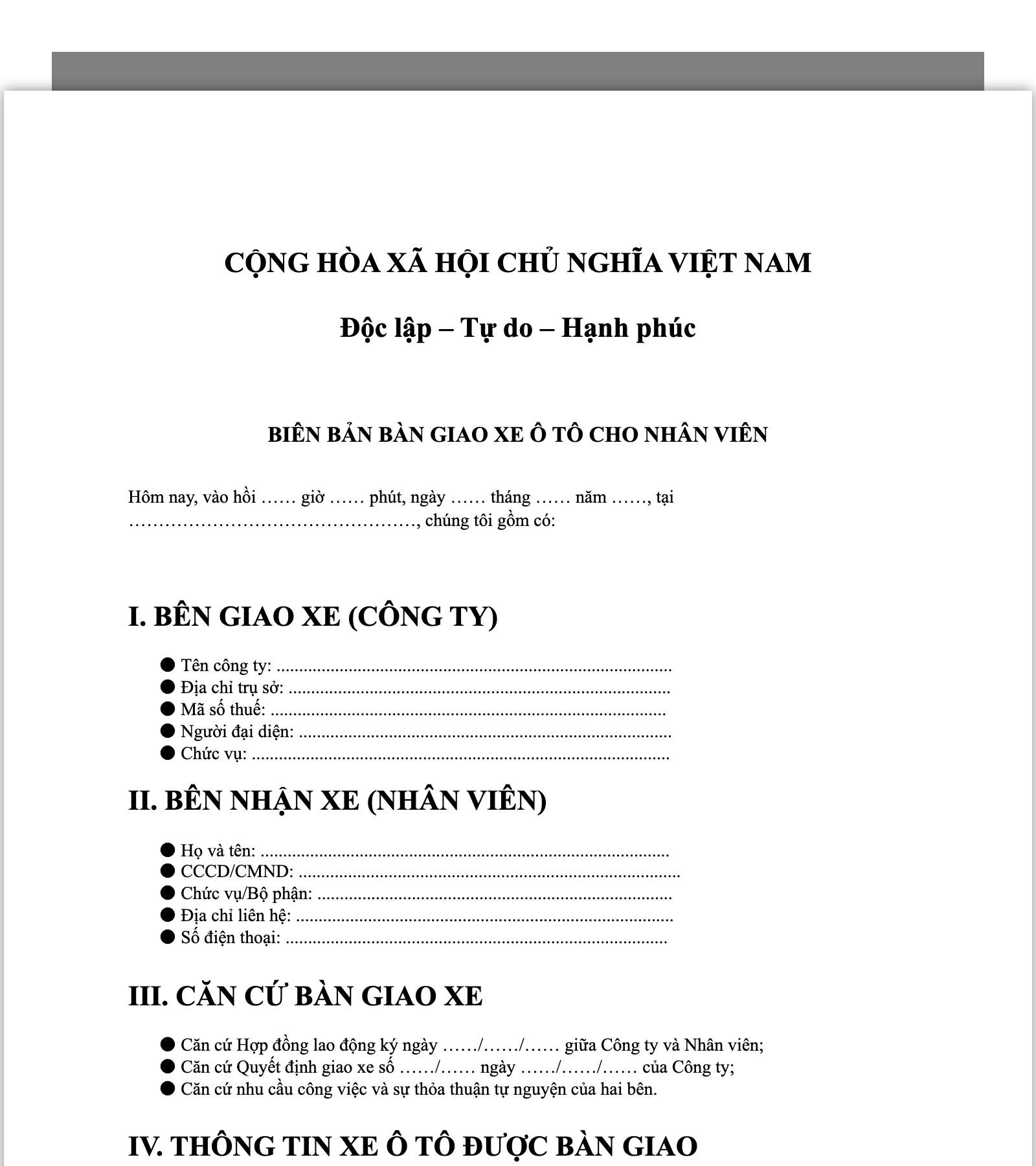 Biên bản bàn giao xe ô tô cho nhân viên