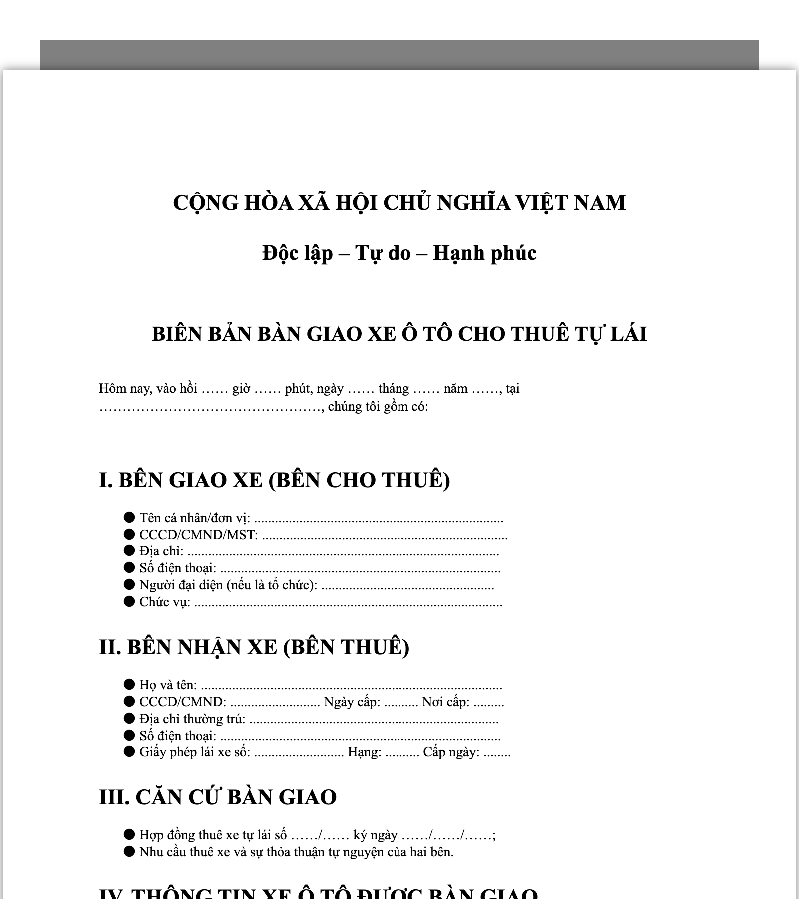 Biên bản bàn giao xe ô tô cho thuê tự lái