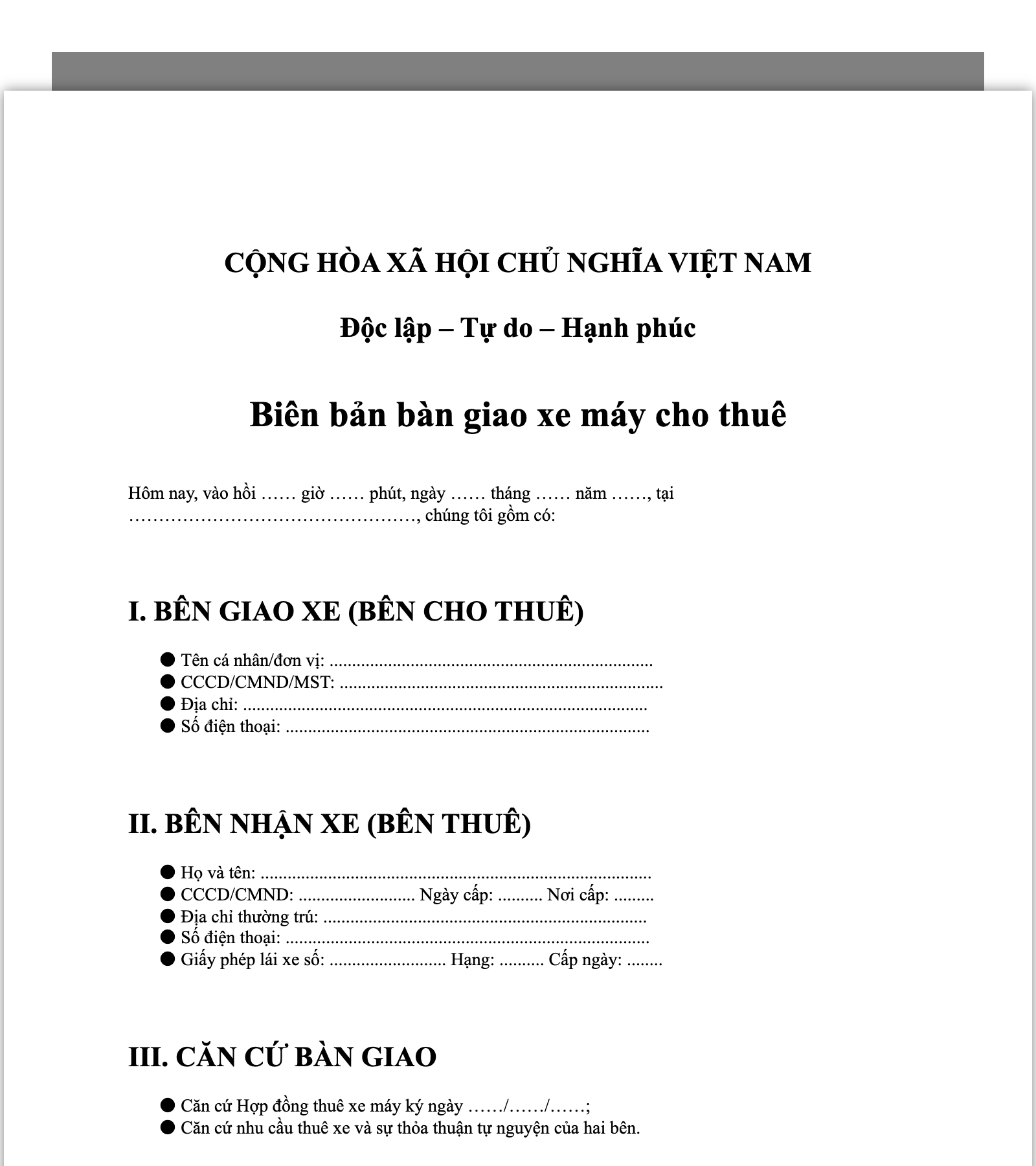 Biên bản bàn giao xe máy cho thuê