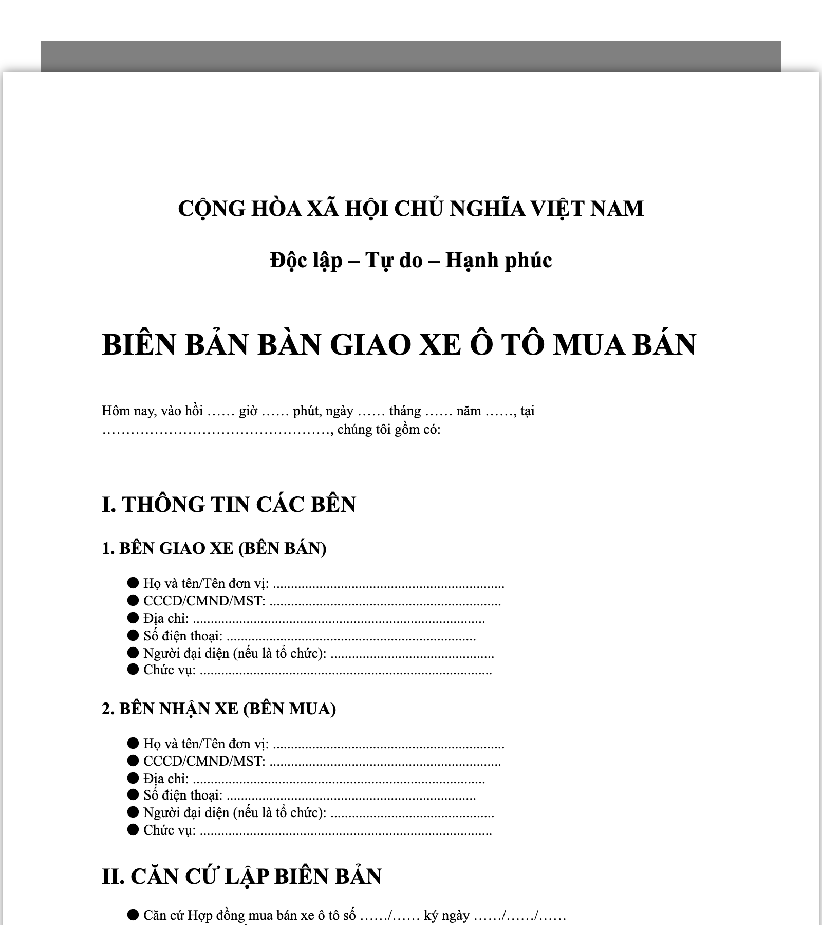 Biên bản bàn giao xe ô tô mua bán