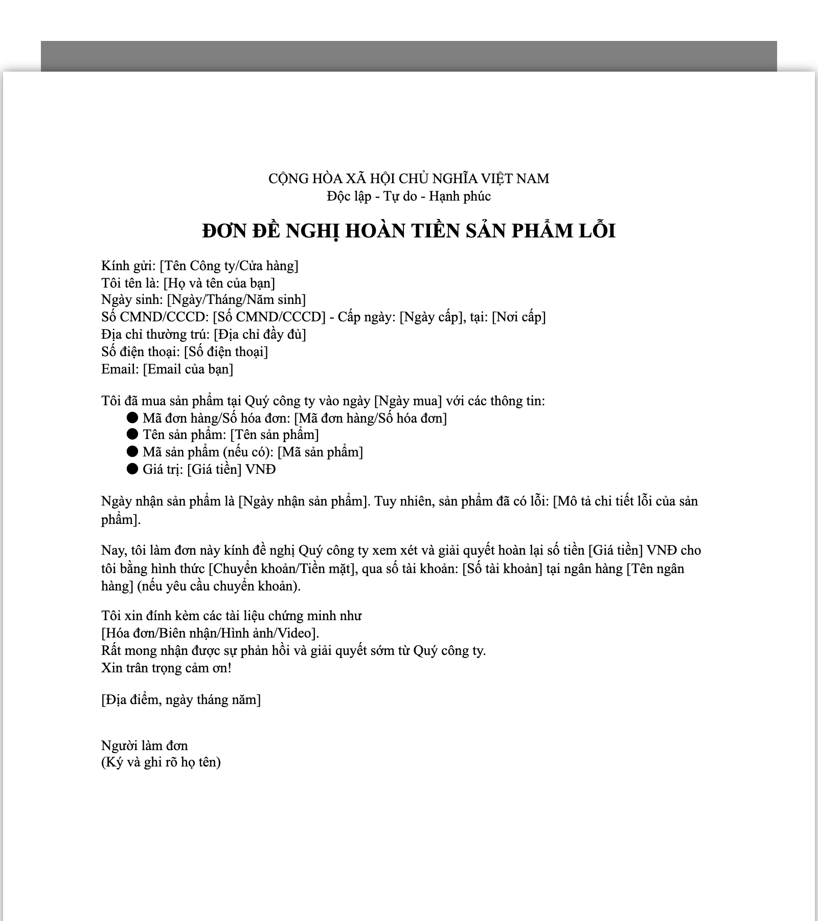 Mẫu Đơn Yêu Cầu Hoàn Tiền Sản Phẩm / Dịch Vụ Lỗi