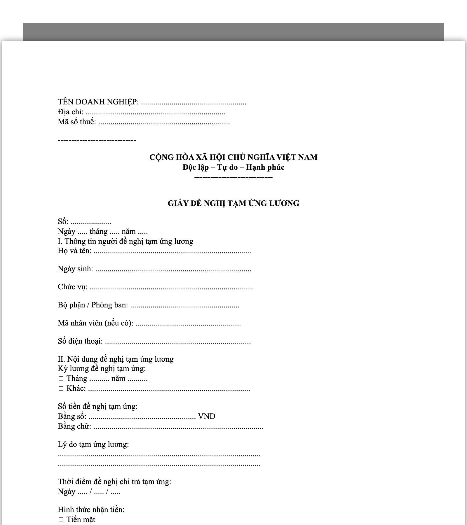 Mẫu Giấy Đề Nghị Tạm Ứng Lương