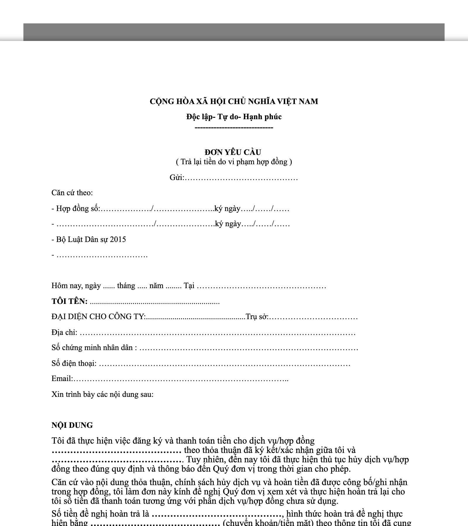 Mẫu Đơn Xin Hoàn Tiền Do Hủy Hợp Đồng