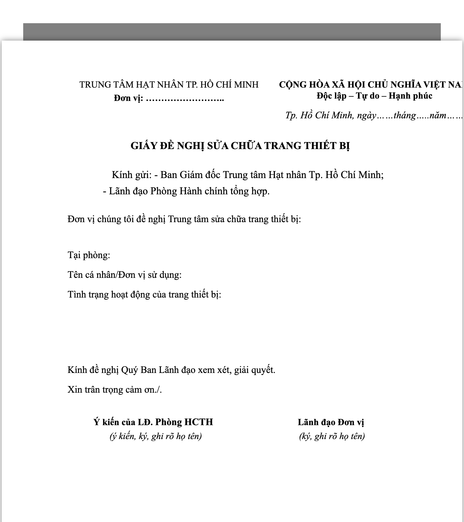 Mẫu Giấy Đề Nghị Sửa Chữa Chung
