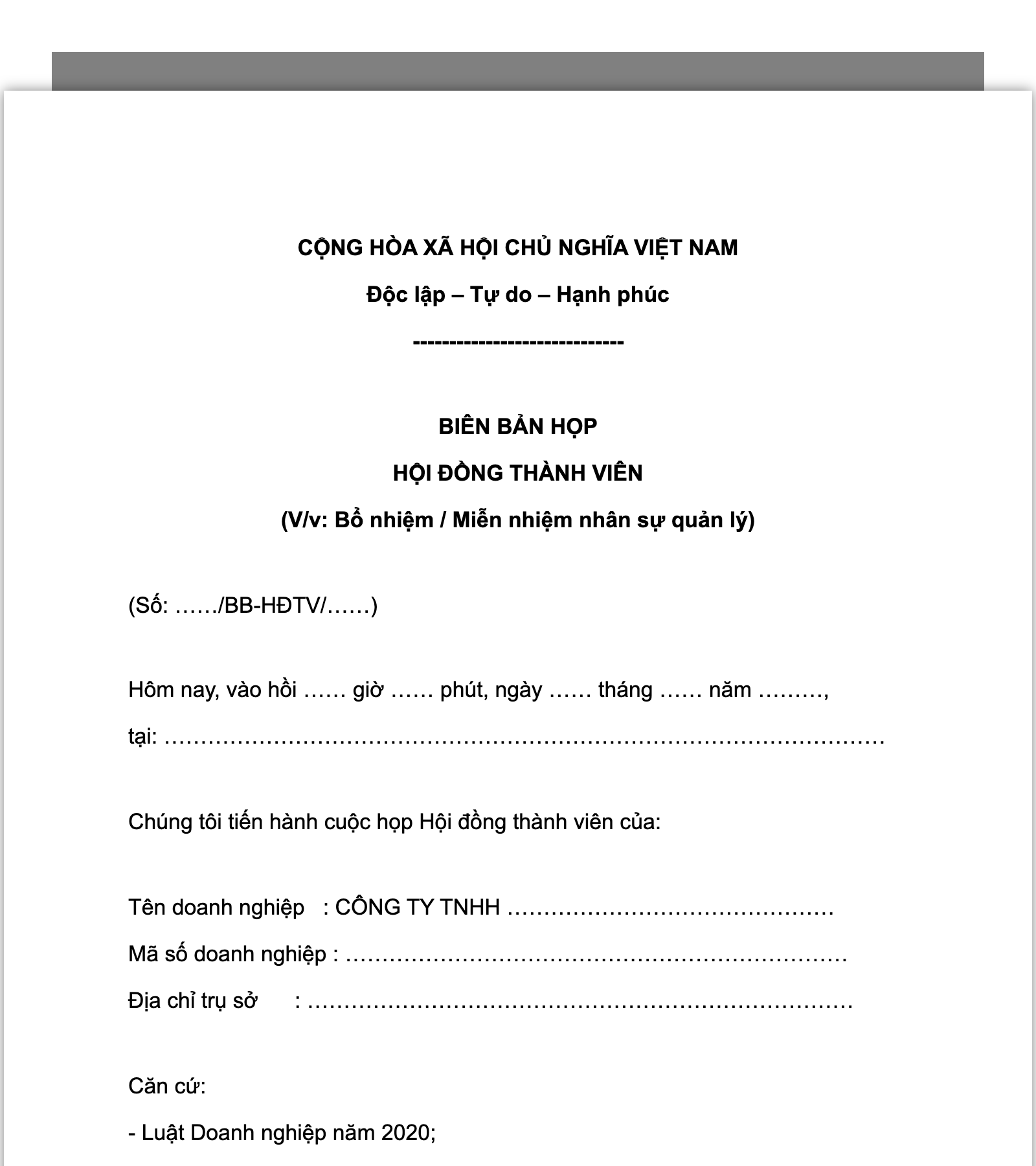 Mẫu BBHĐTV về việc bổ nhiệm hoặc miễn nhiệm nhân sự quản lý