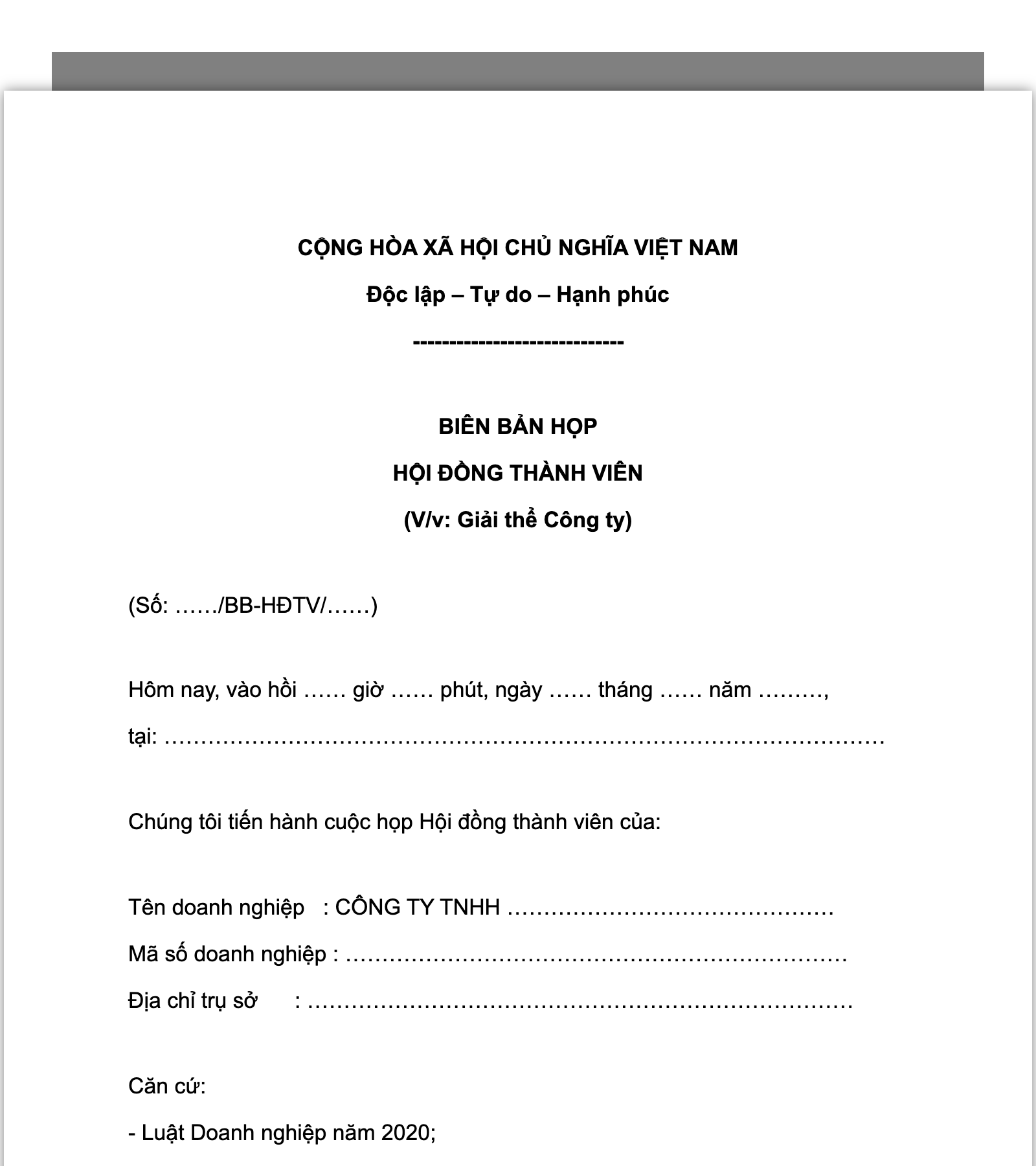 Mẫu BBHĐTV về việc giải thể công ty
