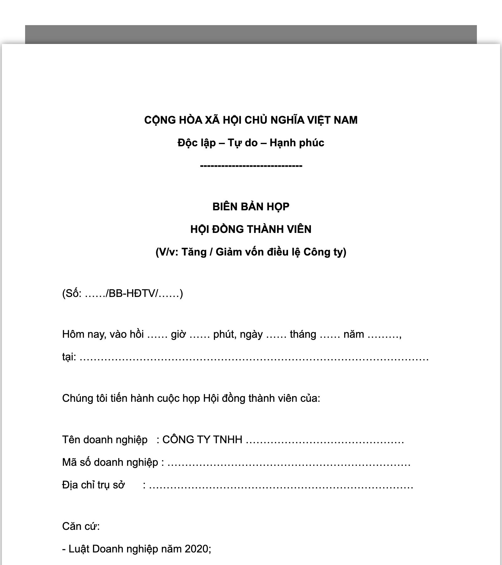 Mẫu BBHĐTV về việc tăng hoặc giảm vốn điều lệ