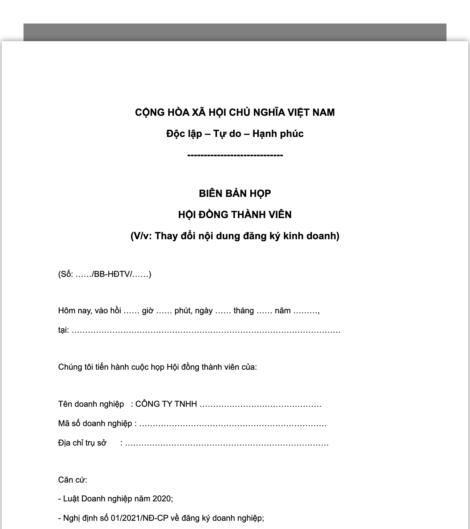 Mẫu BBHĐTV về việc thay đổi nội dung Đăng ký kinh doanh (ĐKKD)