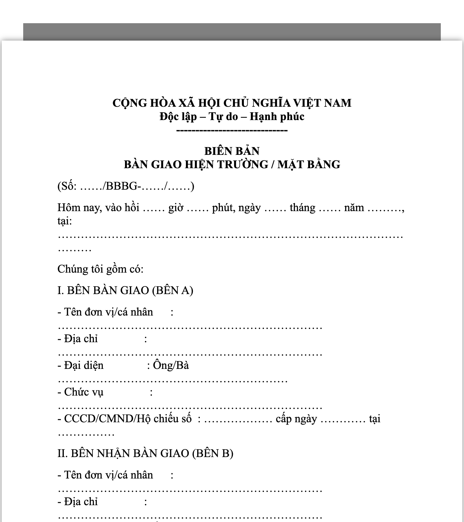 Mẫu Biên bản bàn giao hiện trường / mặt bằng