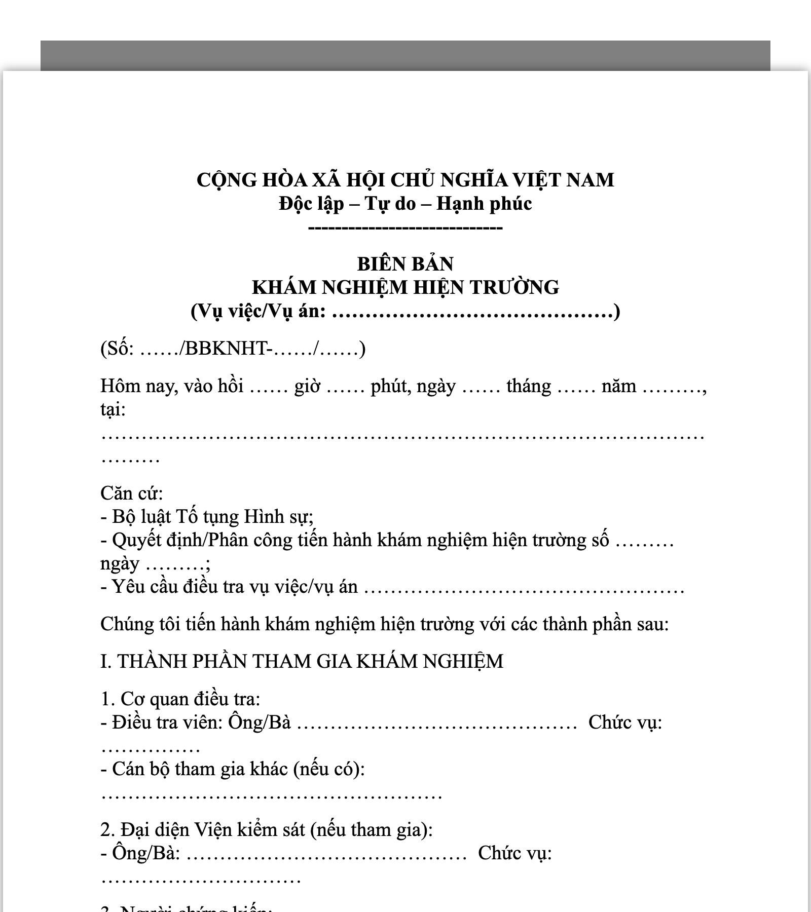 Mẫu Biên bản khám nghiệm hiện trường (phục vụ điều tra hình sự)