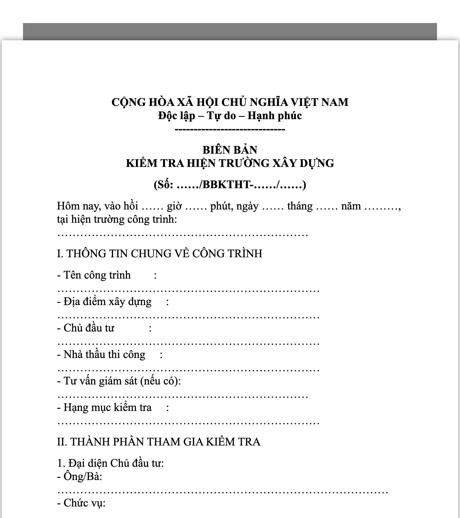 Mẫu Biên bản kiểm tra hiện trường xây dựng