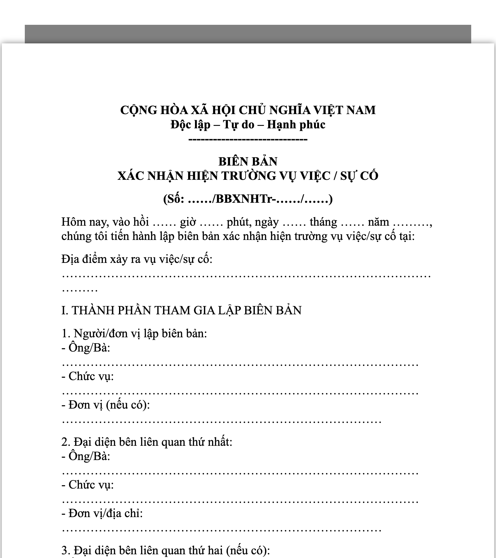 Mẫu Biên bản xác nhận hiện trường vụ việc / sự cố