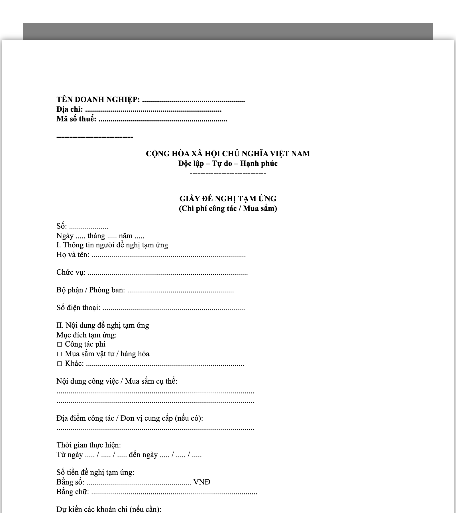 Mẫu giấy đề nghị tạm ứng chung