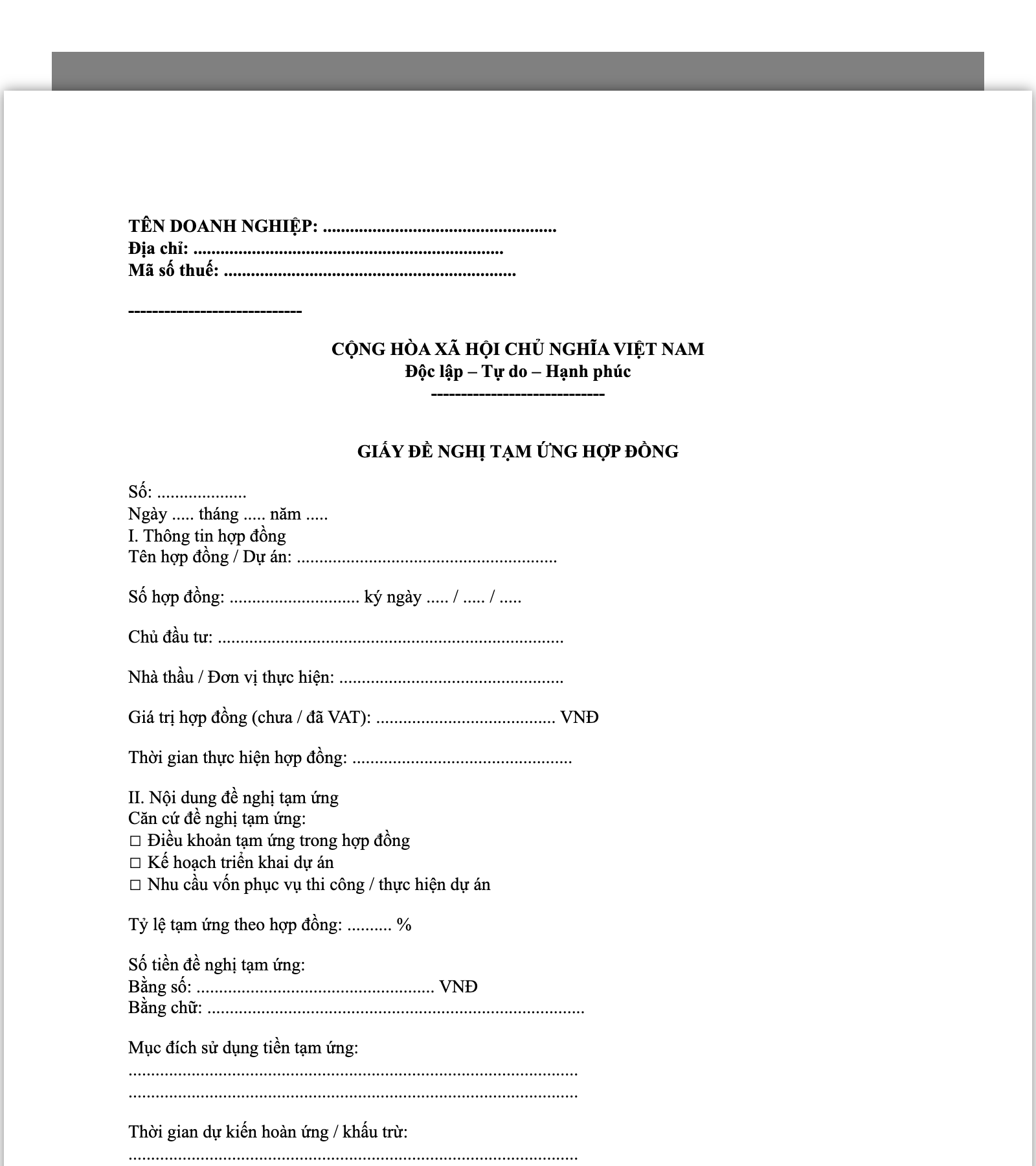 Mẫu Giấy Đề Nghị Tạm Ứng Hợp Đồng (Xây dựng, Dự án)