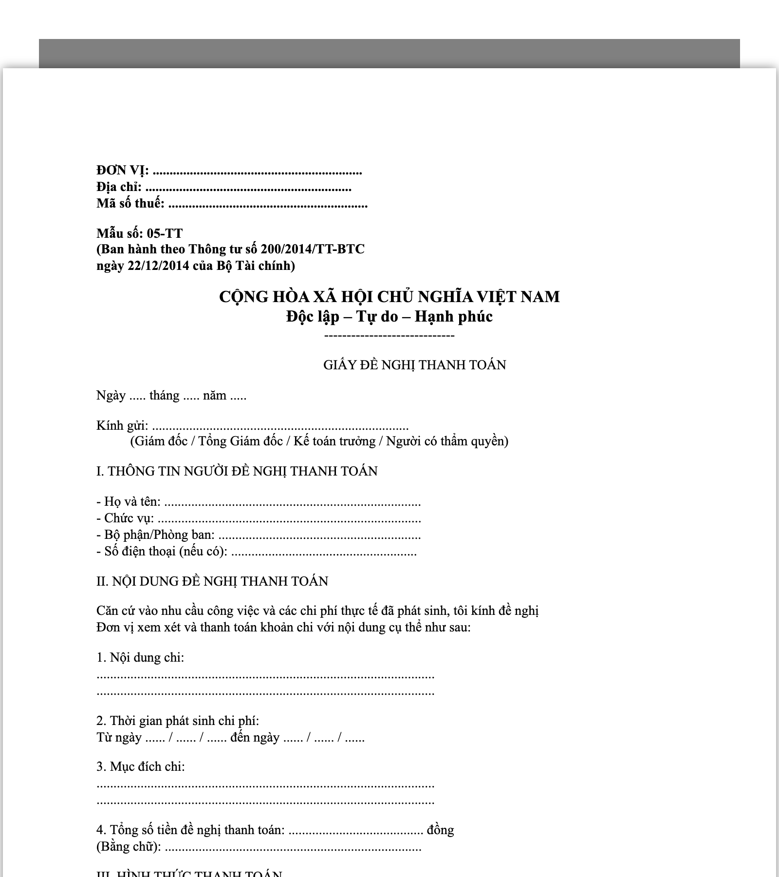 Mẫu Giấy Đề Nghị Thanh Toán theo Thông tư 200/2014/TT-BTC (Mẫu 05-TT)