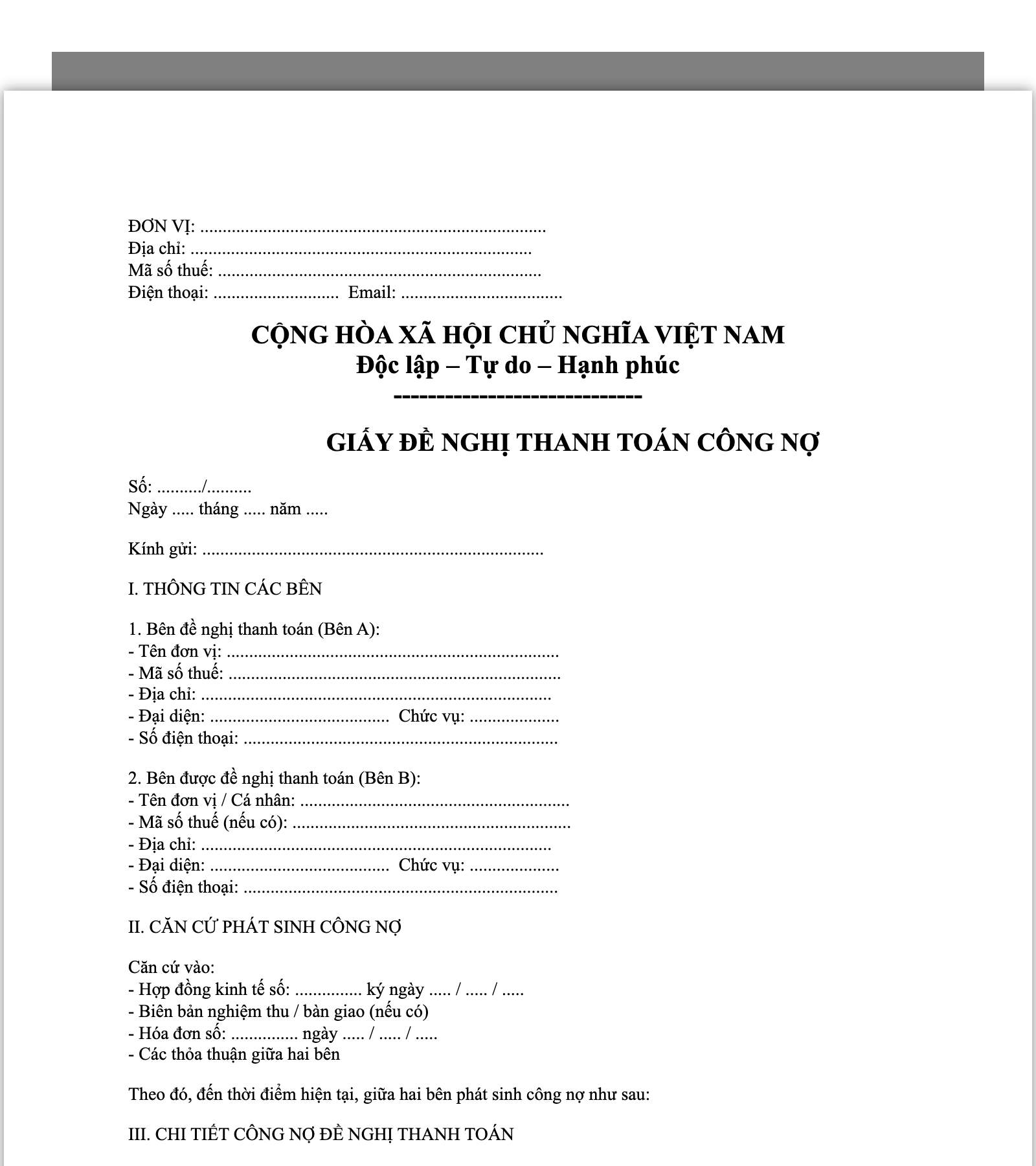 Mẫu Giấy Đề Nghị Thanh Toán Công Nợ (Riêng cho đối tác/khách hàng)