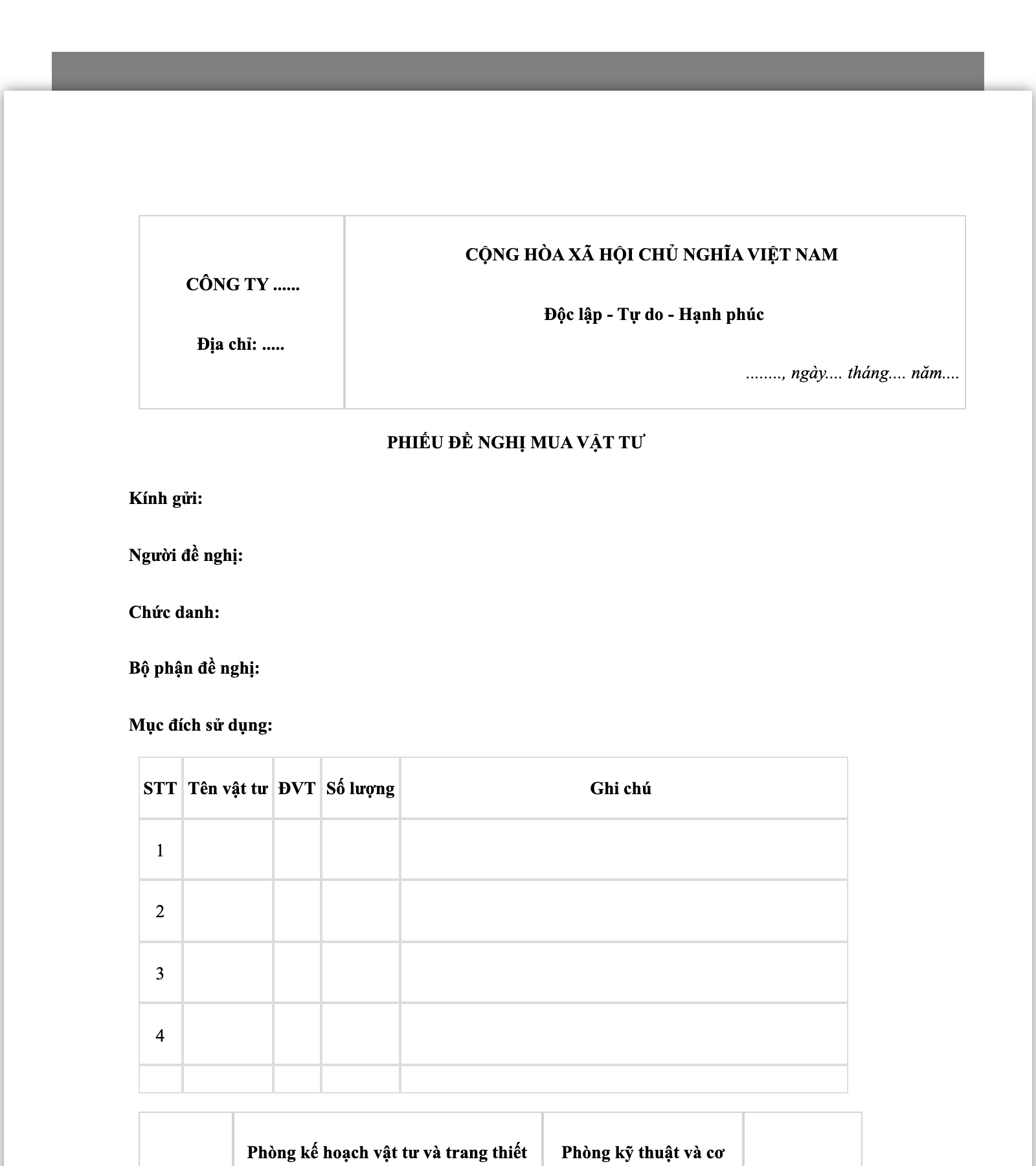 Phiếu đề xuất mua vật tư / nguyên vật liệu