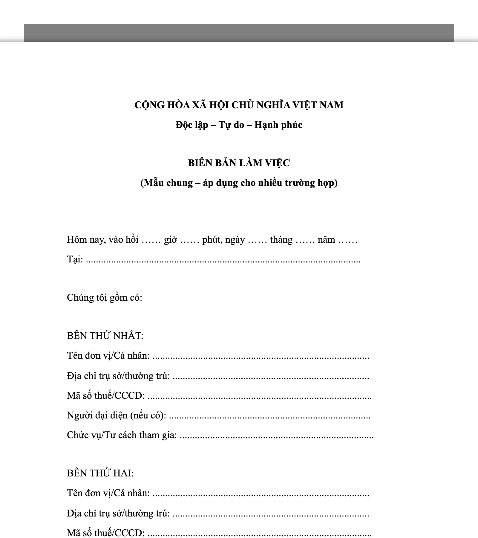 Biên bản làm việc chung (dùng cho nhiều trường hợp)