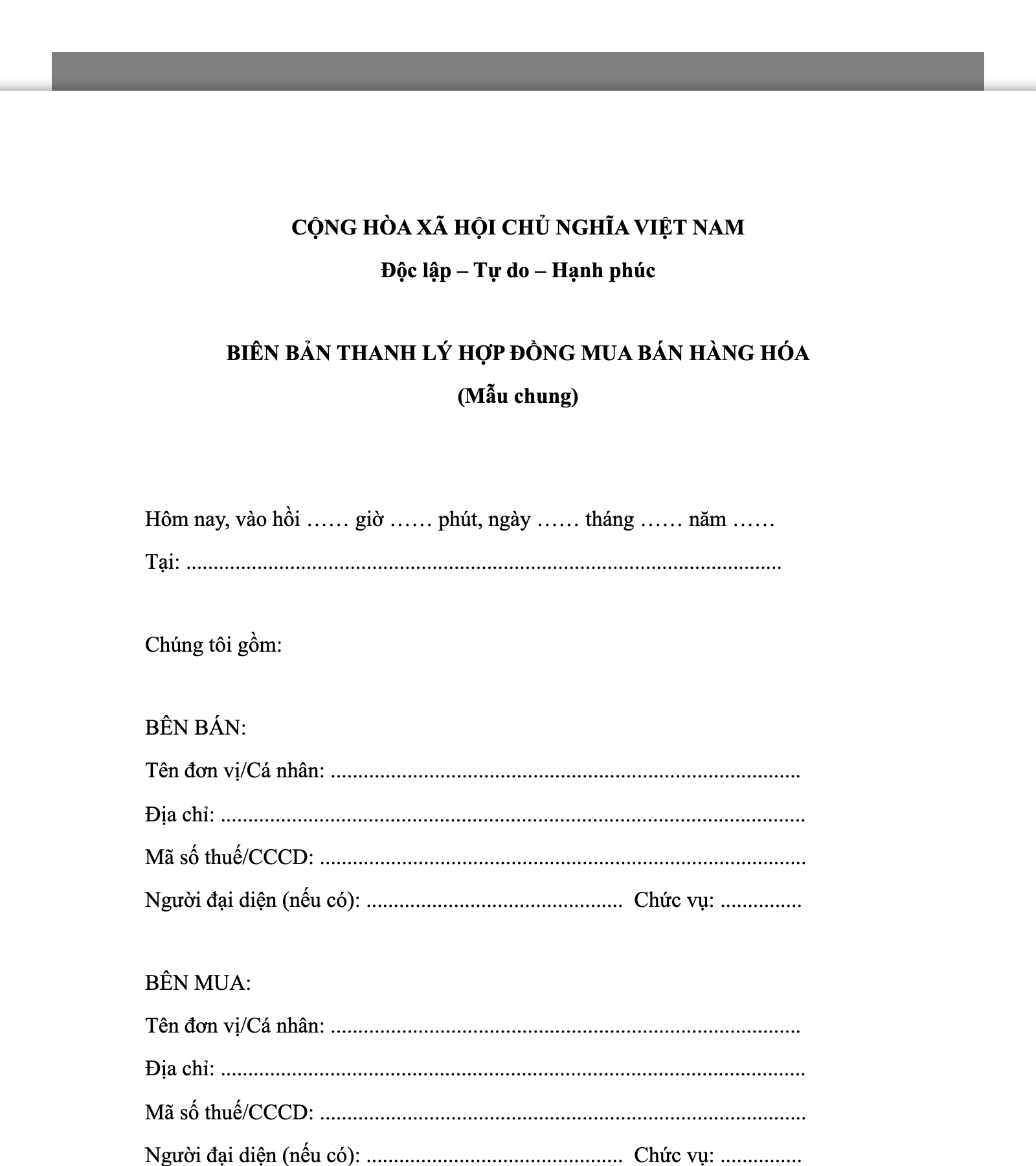 Mẫu Biên Bản Thanh Lý Hợp Đồng Mua Bán Hàng Hóa (Mẫu chung)