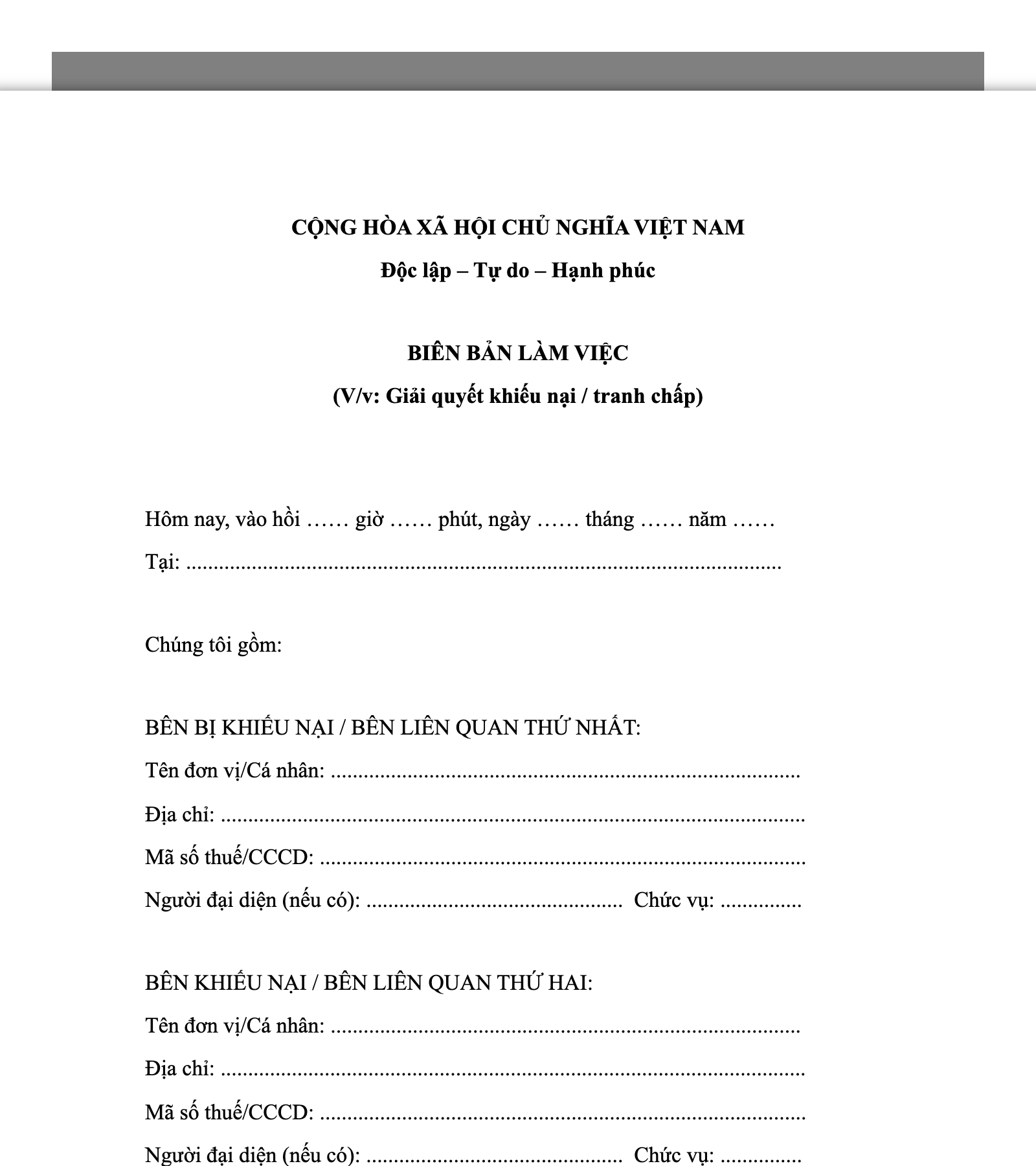 Biên bản làm việc giải quyết khiếu nại / tranh chấp