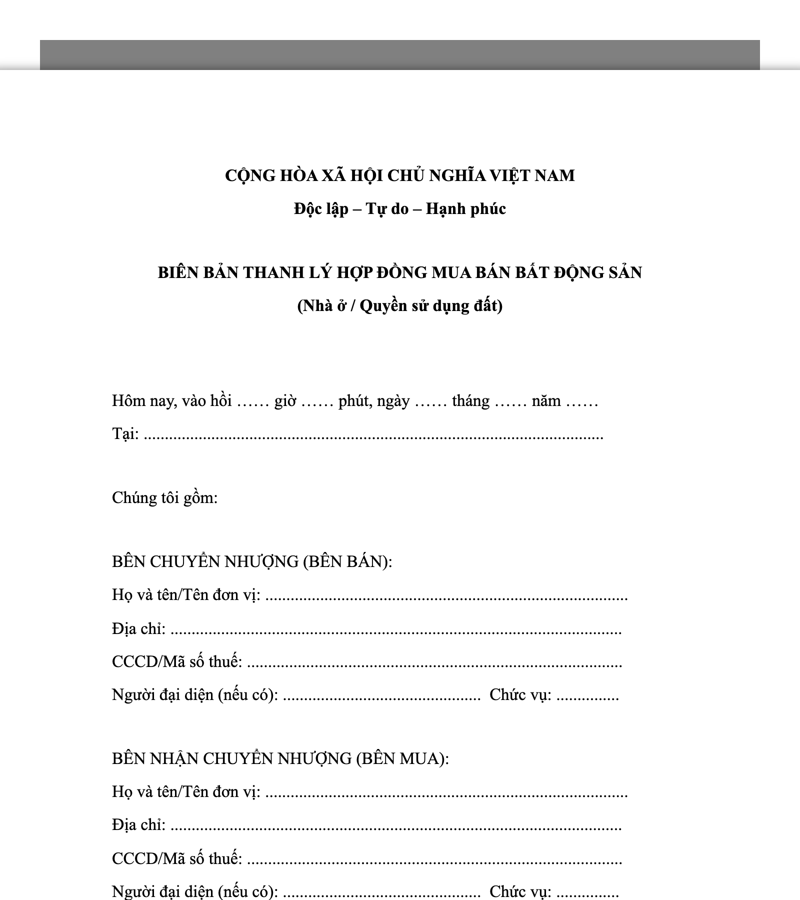 Mẫu Biên Bản Thanh Lý Hợp Đồng Mua Bán Bất Động Sản (Nhà ở, Đất đai)