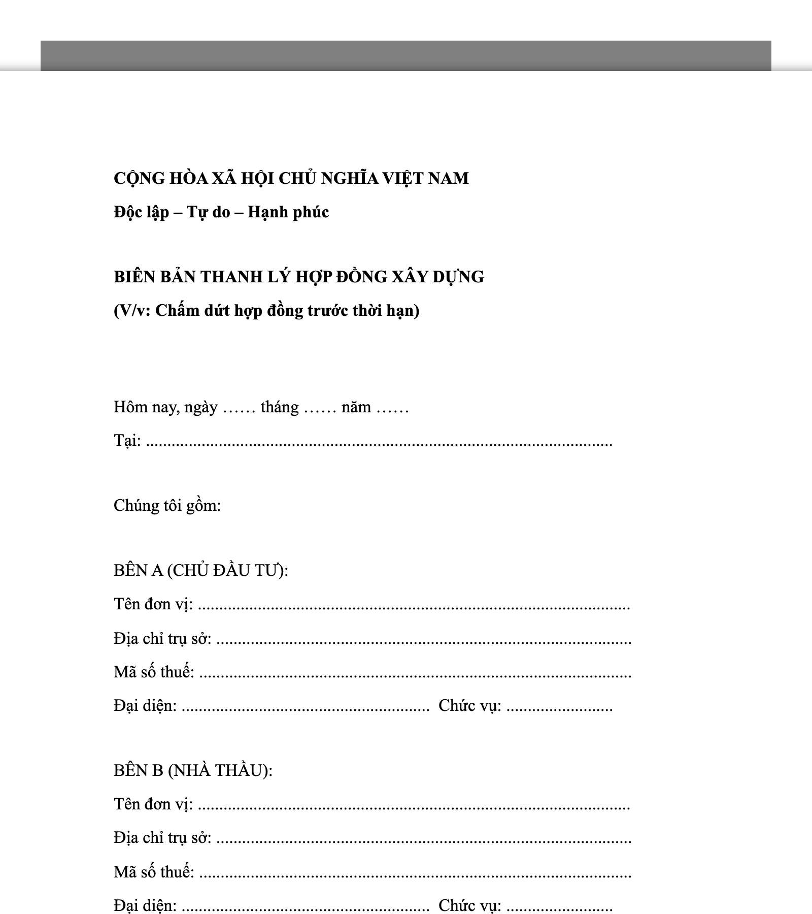 Biên bản thanh lý hợp đồng xây dựng khi chấm dứt hợp đồng trước hạn