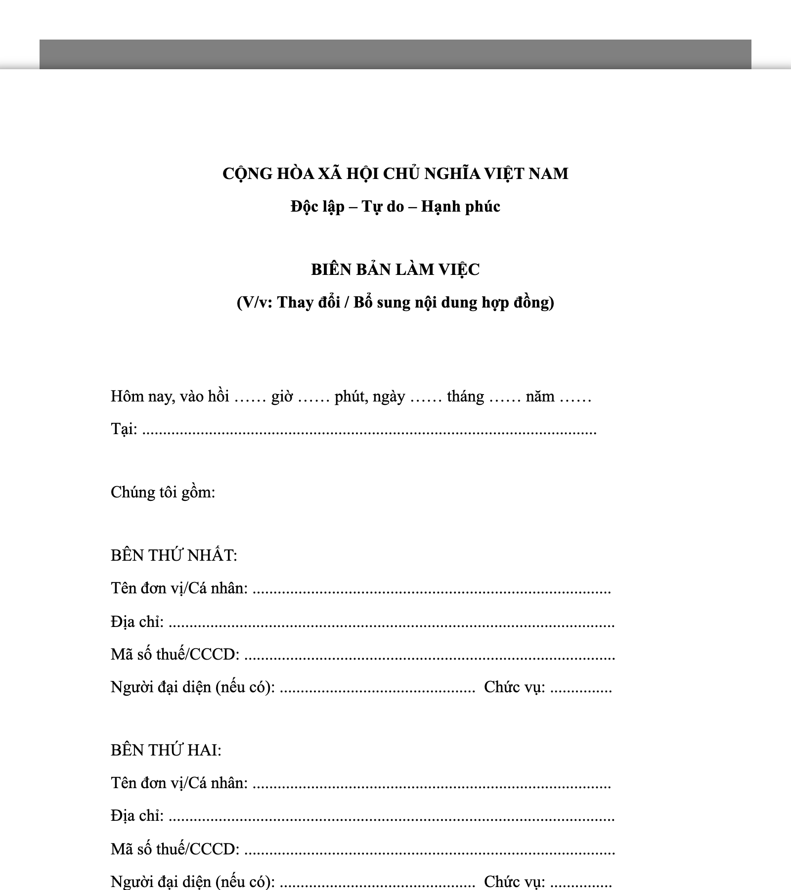Biên bản làm việc về thay đổi / bổ sung hợp đồng