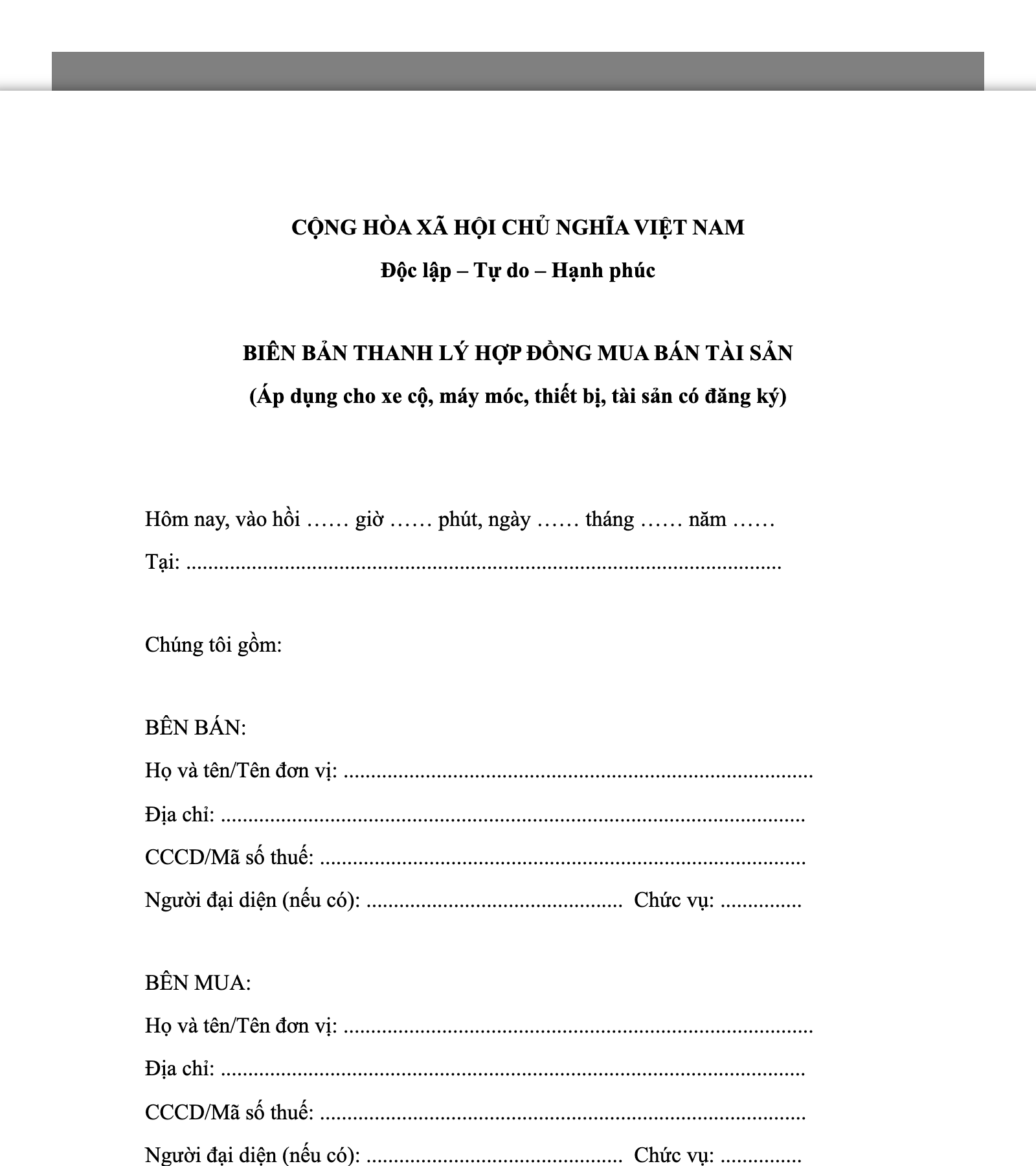 Mẫu Biên Bản Thanh Lý Hợp Đồng Mua Bán Tài Sản Khác (Xe cộ, Máy móc, Thiết bị…)