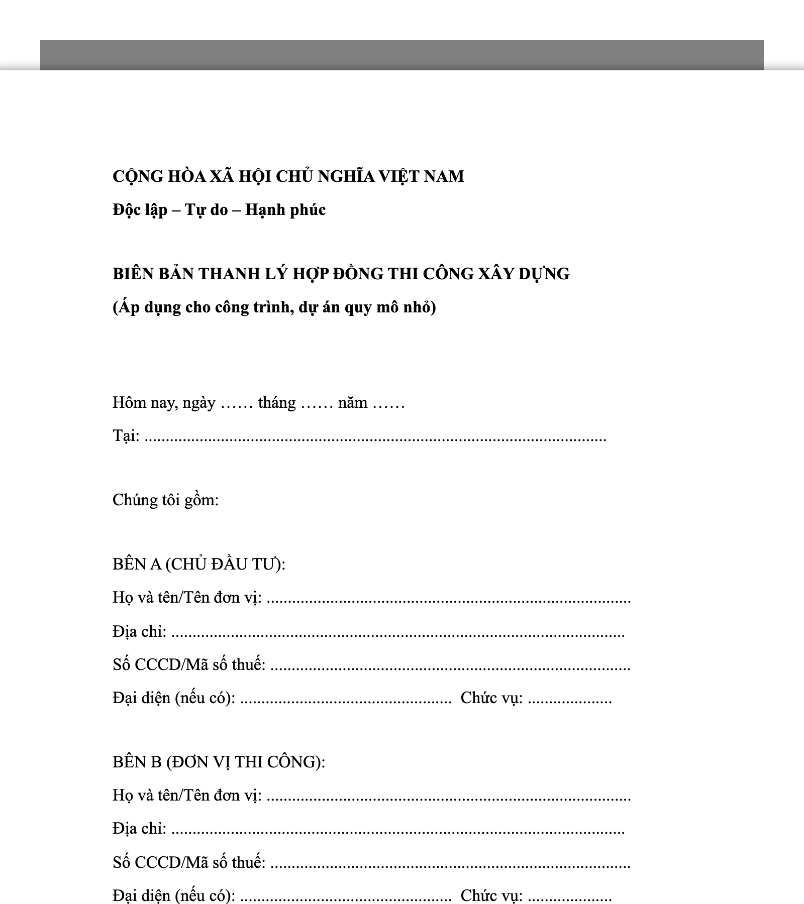Biên bản thanh lý hợp đồng thi công xây dựng