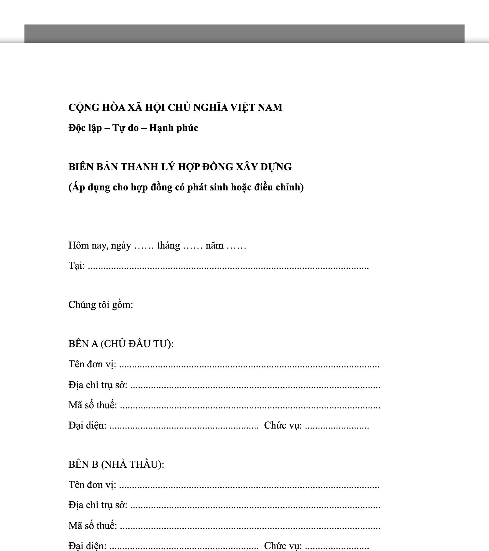 Biên bản thanh lý hợp đồng xây dựng có phát sinh hoặc điều chỉnh