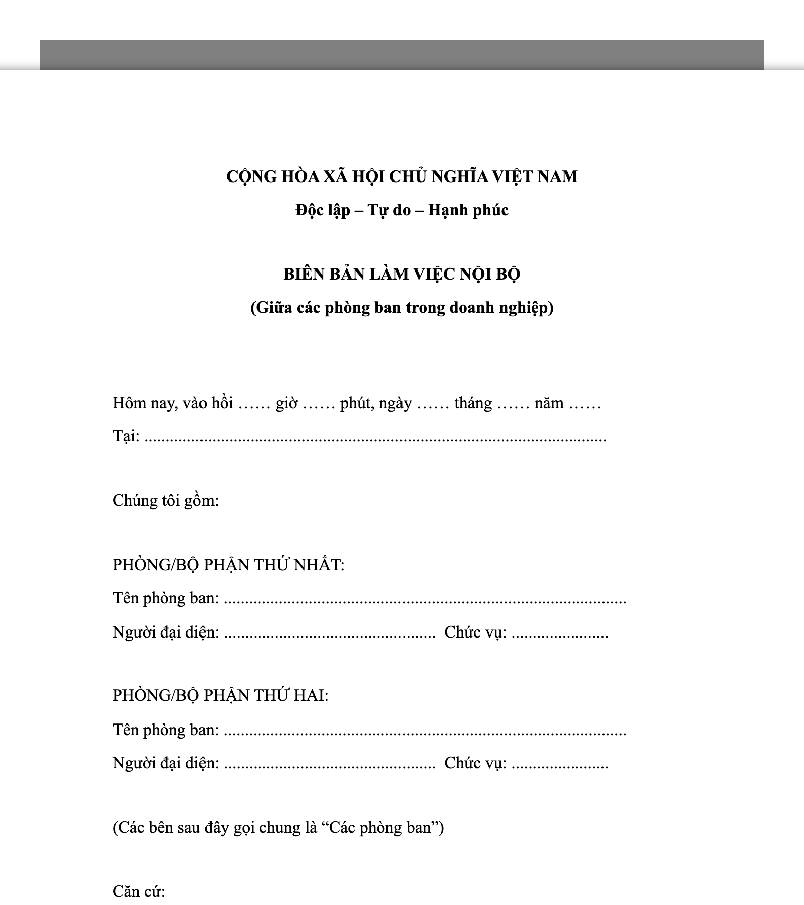 Biên bản làm việc nội bộ giữa các phòng ban