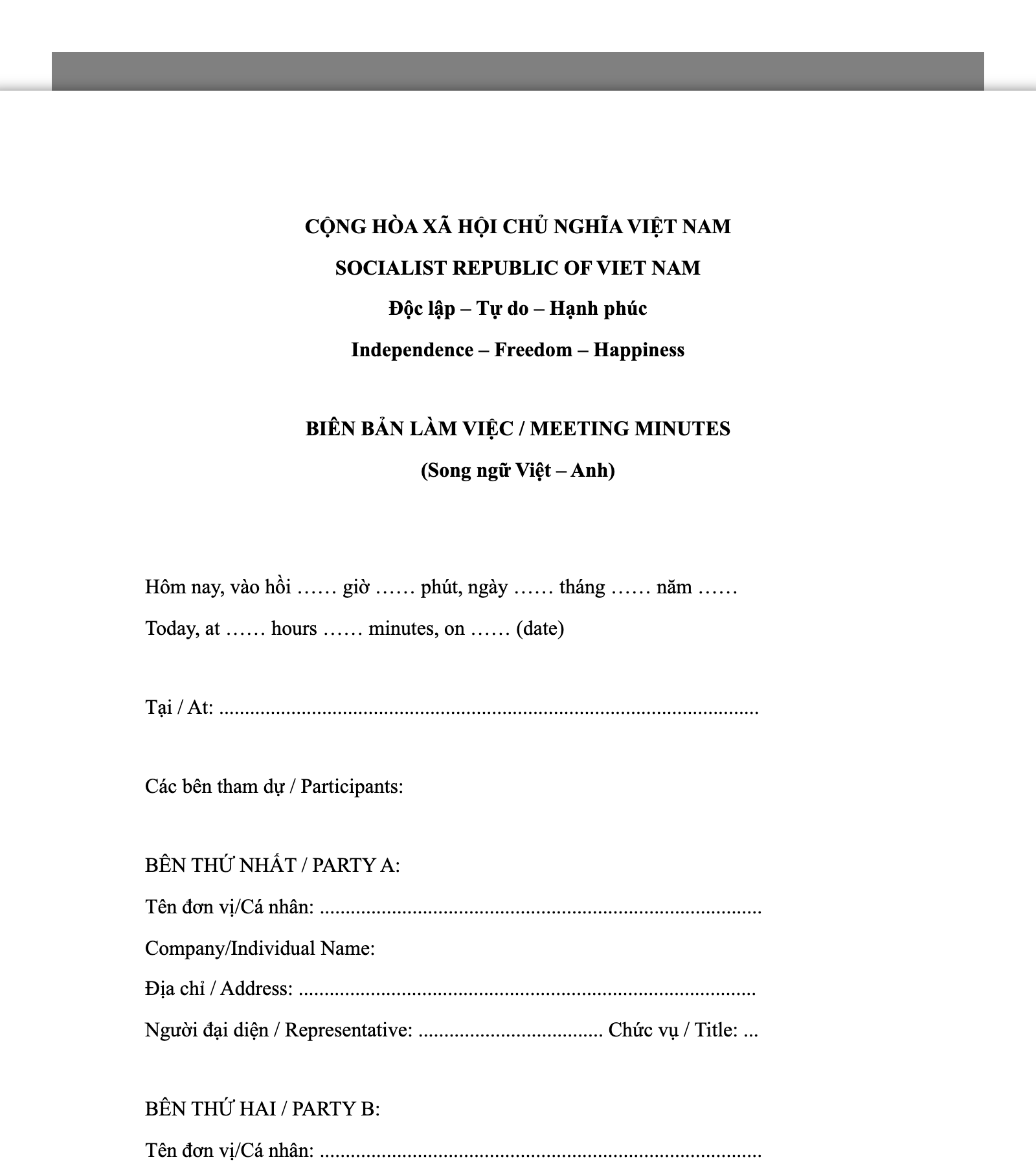 Biên bản làm việc bằng tiếng Anh (song ngữ hoặc tiếng Anh)