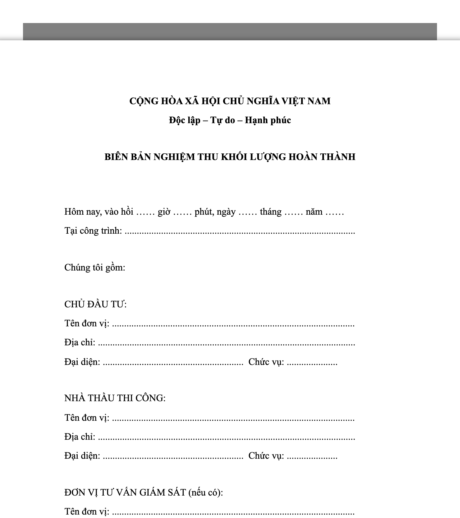 Biên Bản Nghiệm Thu Khối Lượng Hoàn Thành