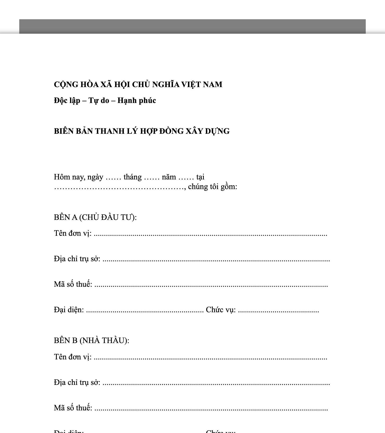 Biên bản thanh lý hợp đồng xây dựng khi hoàn thành công trình