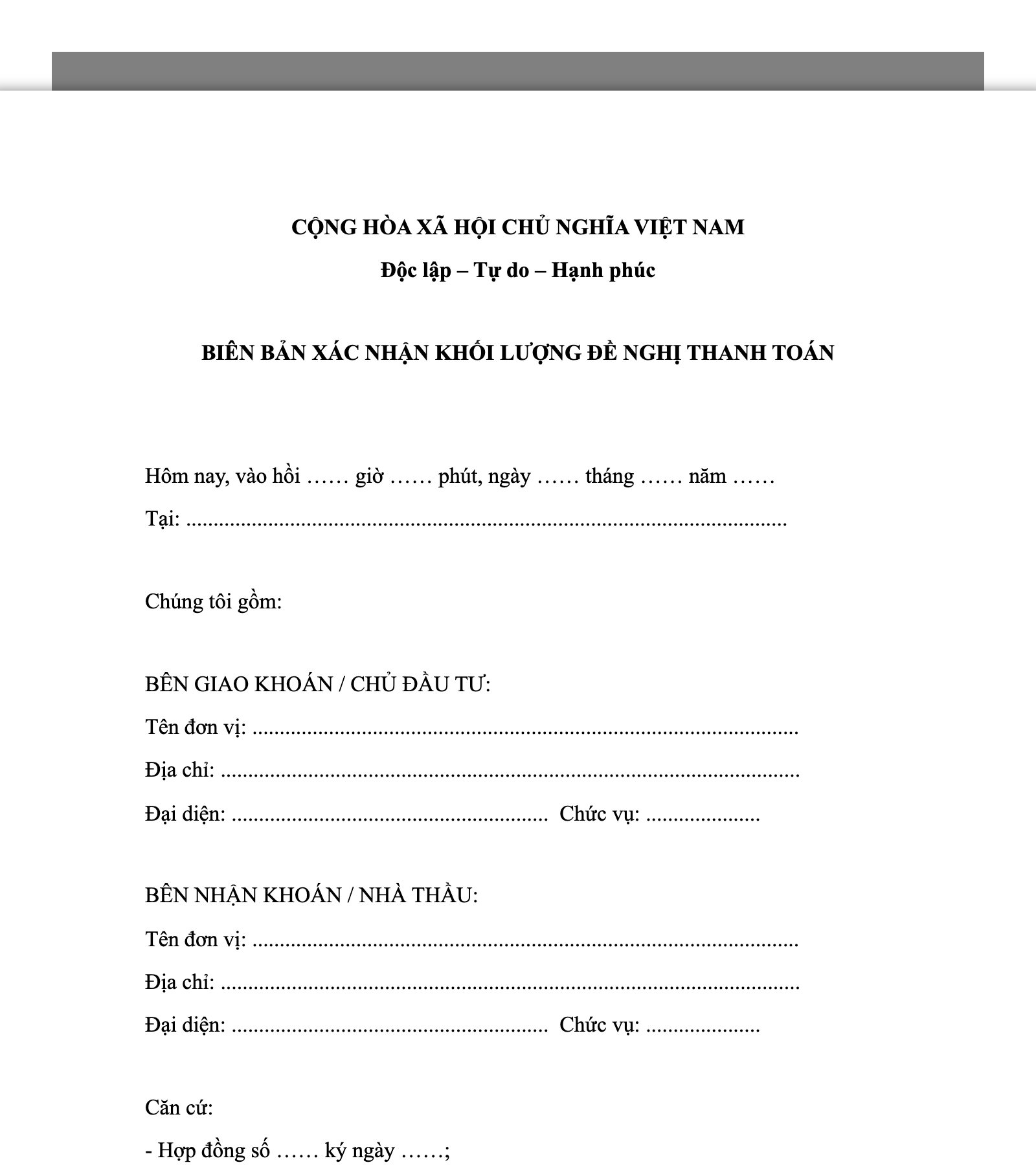 Biên Bản Xác Nhận Khối Lượng Đề Nghị Thanh Toán