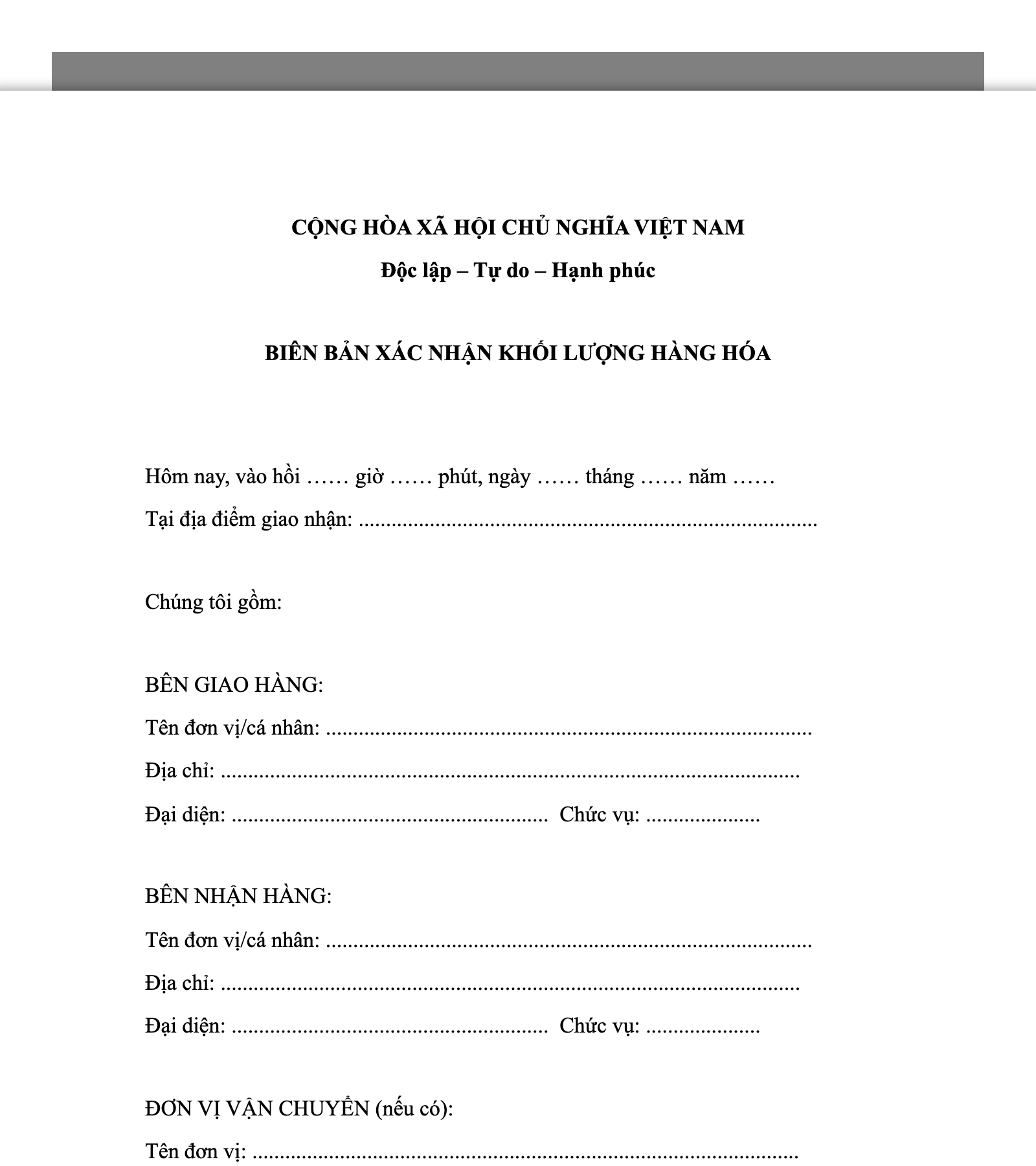 Biên Bản Xác Nhận Khối Lượng Hàng Hóa
