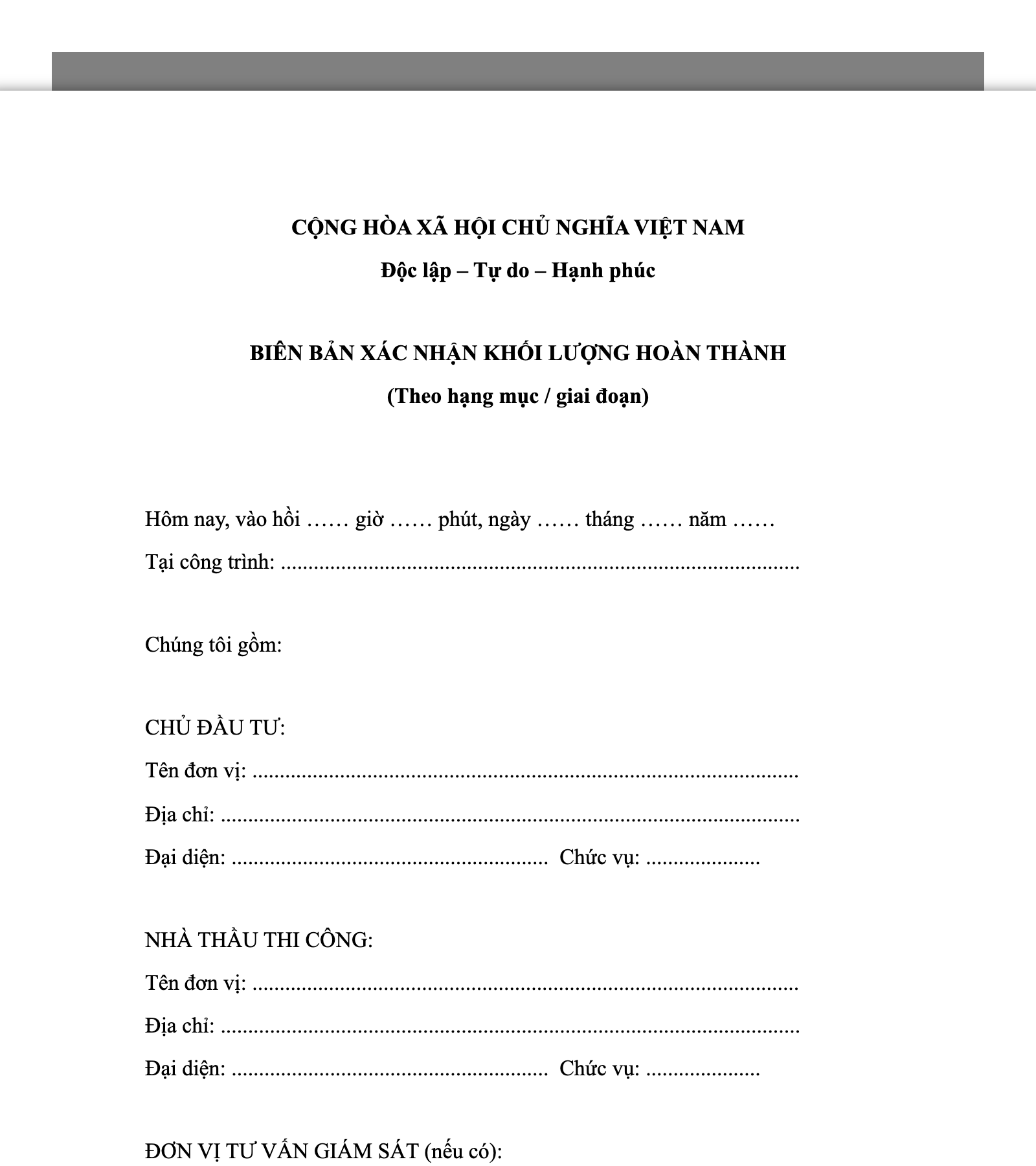Biên bản xác nhận khối lượng hoàn thành theo hạng mục / giai đoạn
