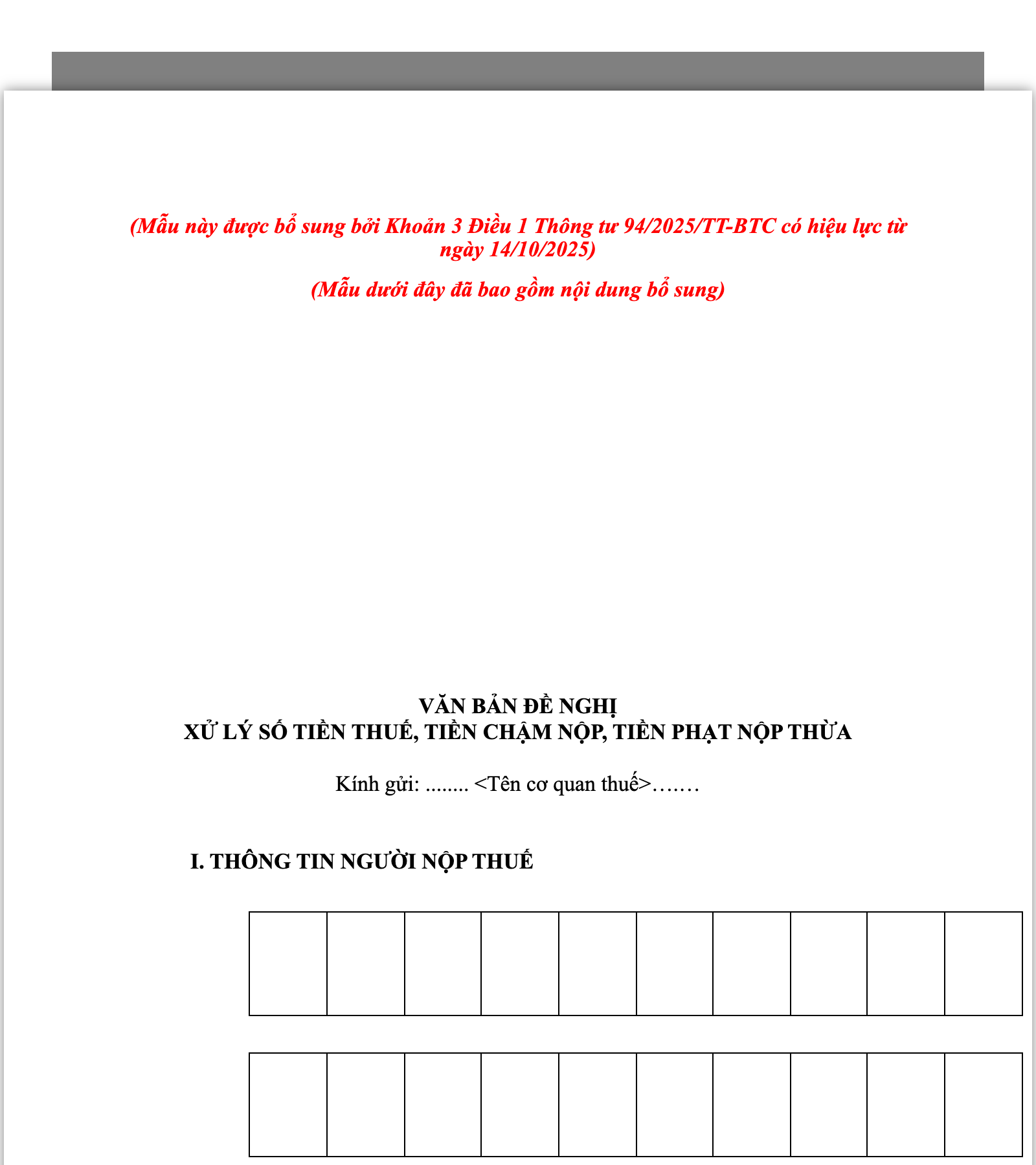 Mẫu Đơn Đề Nghị Hoàn Thuế