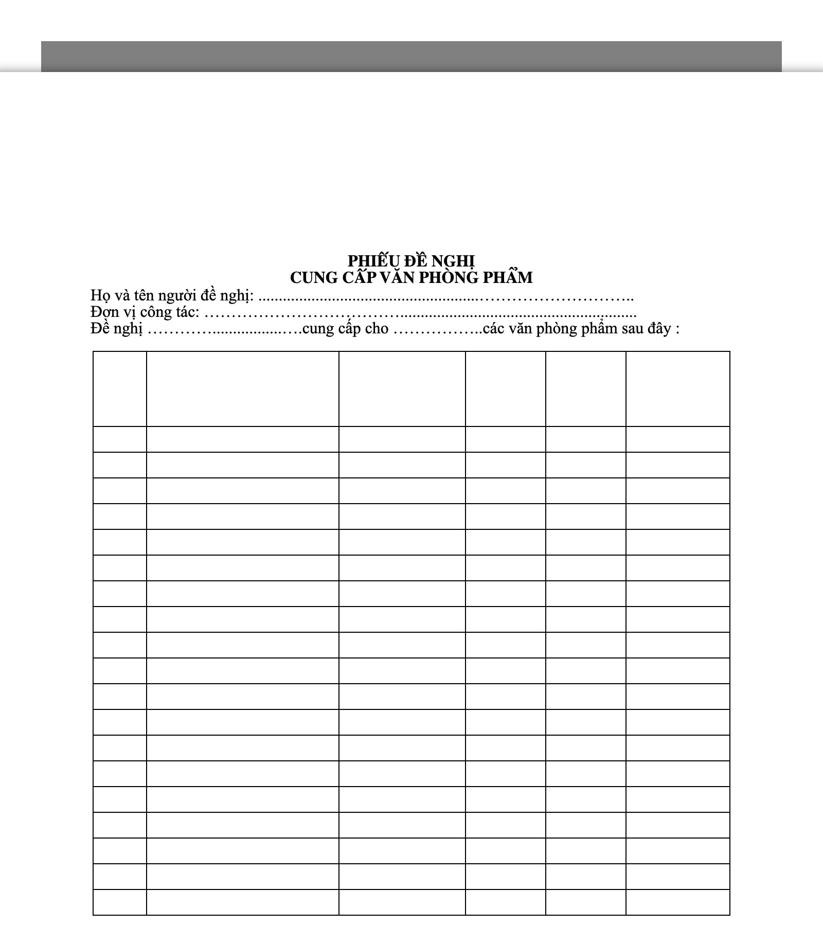 Phiếu đề xuất mua văn phòng phẩm