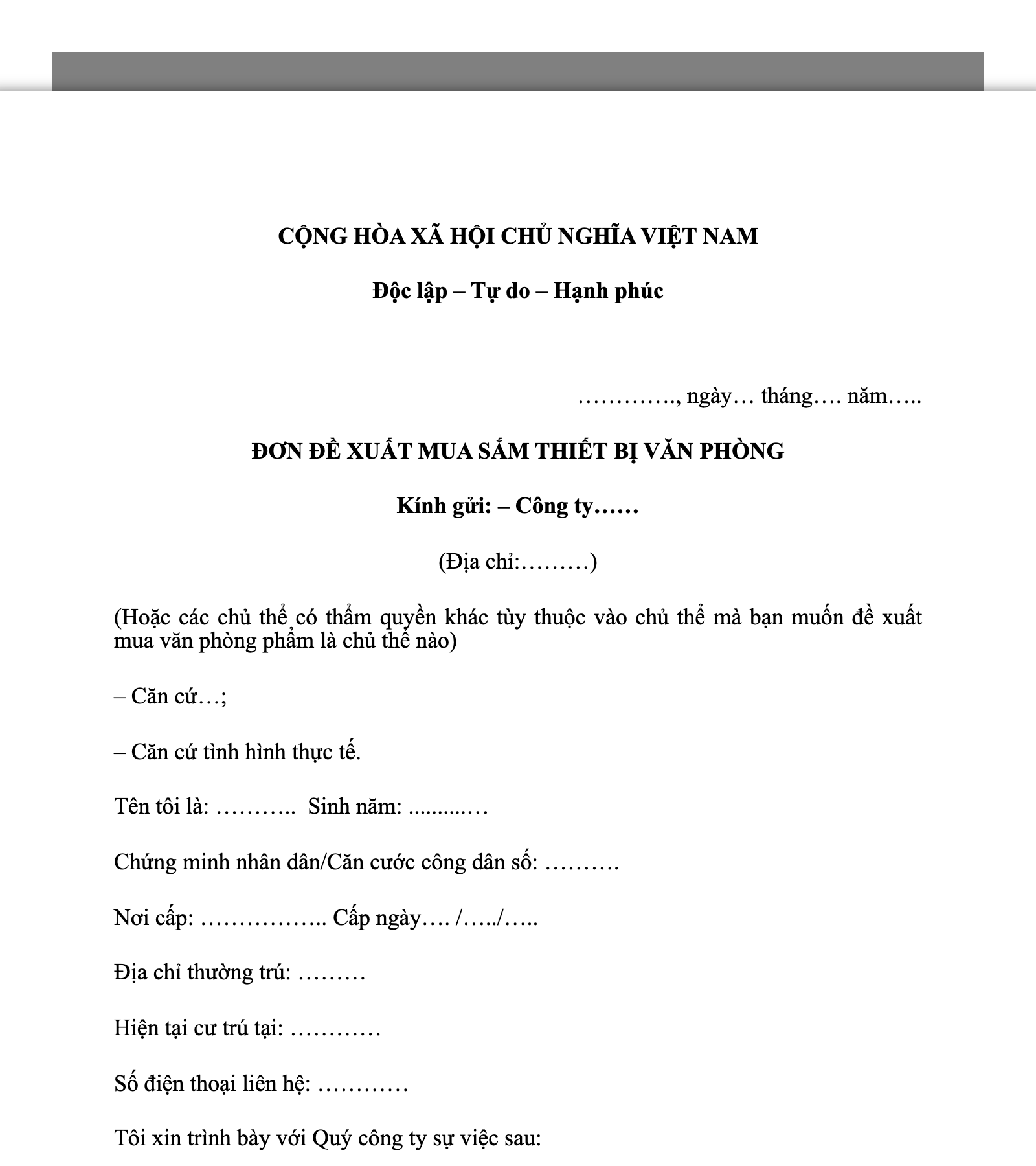 Mẫu 1: Đề xuất mua sắm thiết bị văn phòng