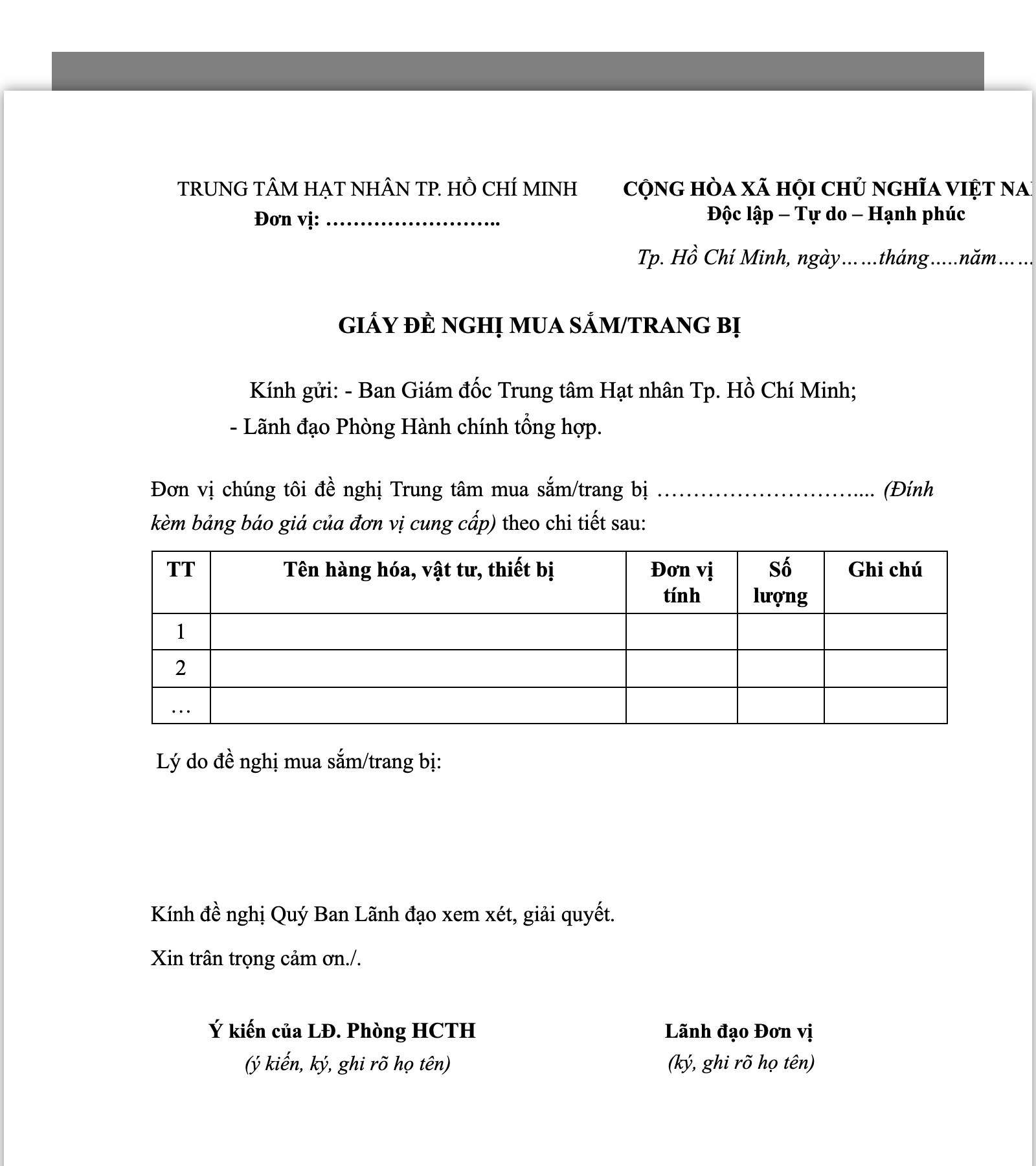 Mẫu 2: Đề xuất mua sắm thiết bị sản xuất