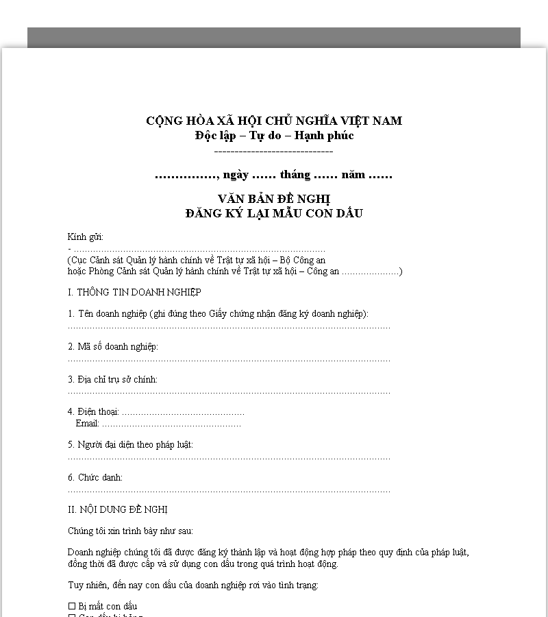 Mẫu văn vản đề nghị đăng ký lại mẫu con dấu cho doanh nghiệp khi mất, hỏng, biến dạng con dấu