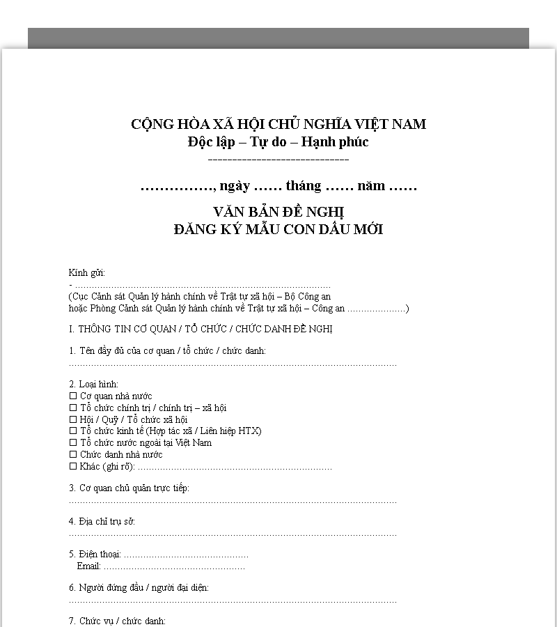 Mẫu văn bản đề nghị đăng ký mẫu con dấu với cho cơ quan, tổ chức, chức danh nhà nước